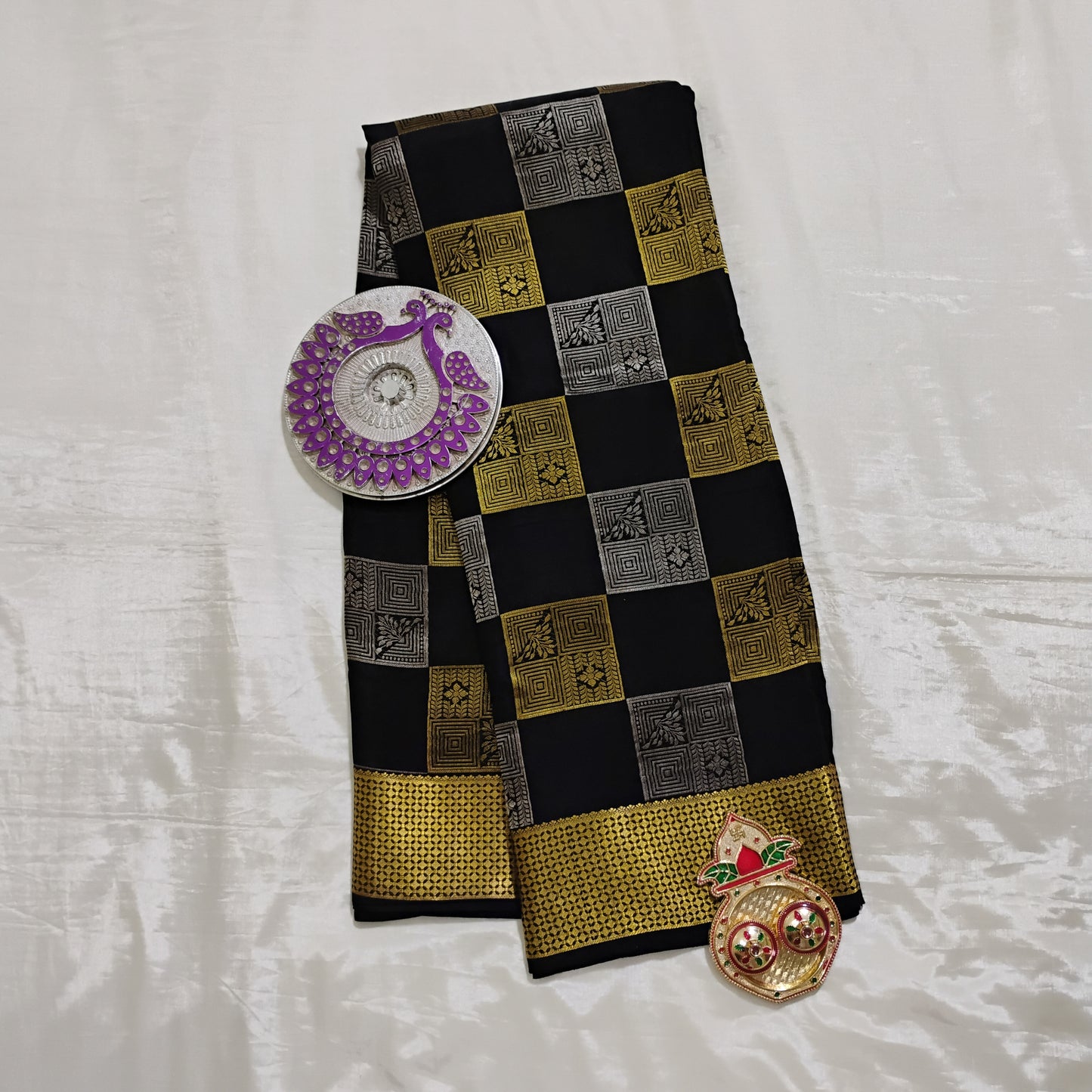 PureMysoreSilk black-grey-gold boxed design Saree