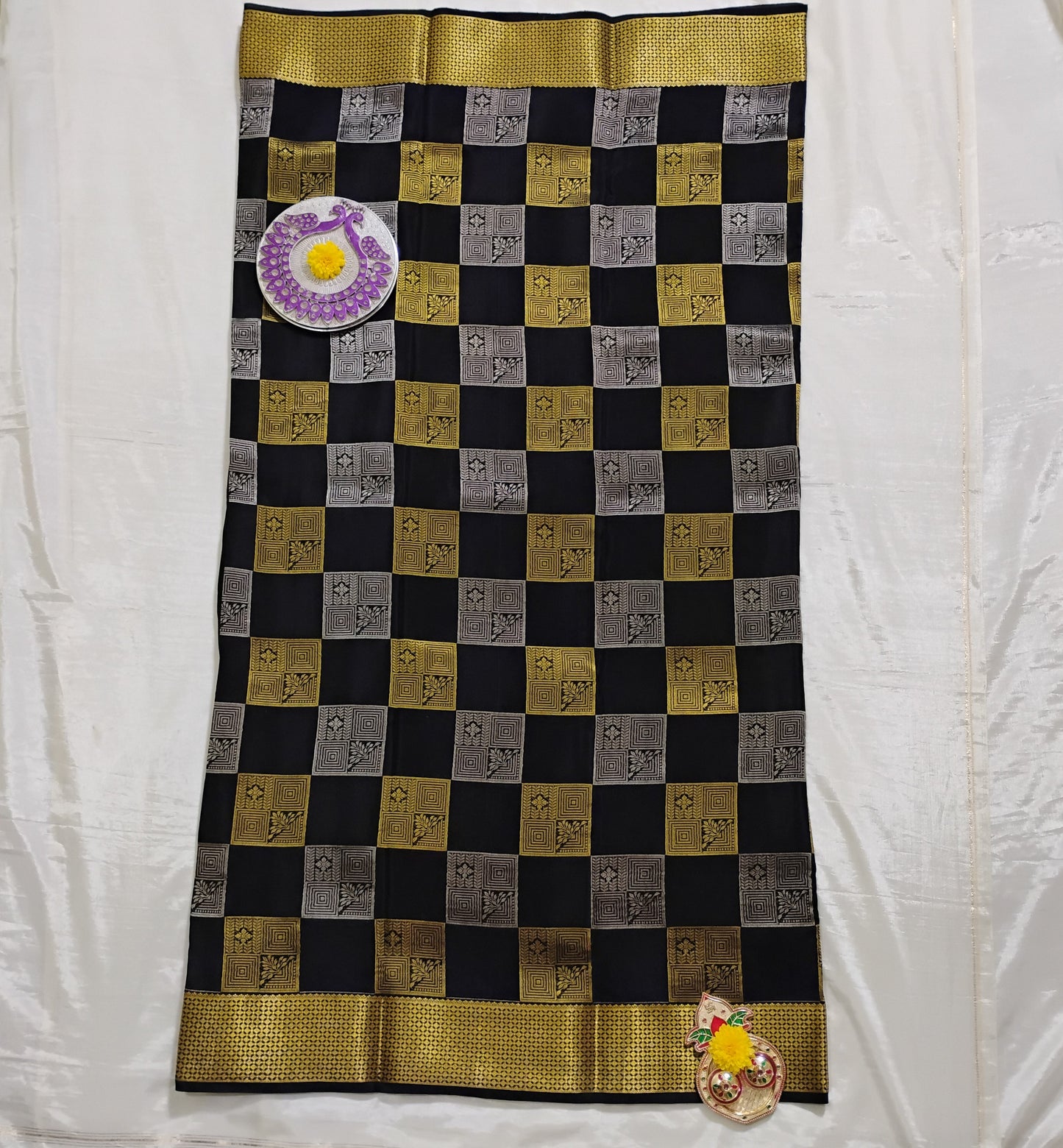 PureMysoreSilk black-grey-gold boxed design Saree