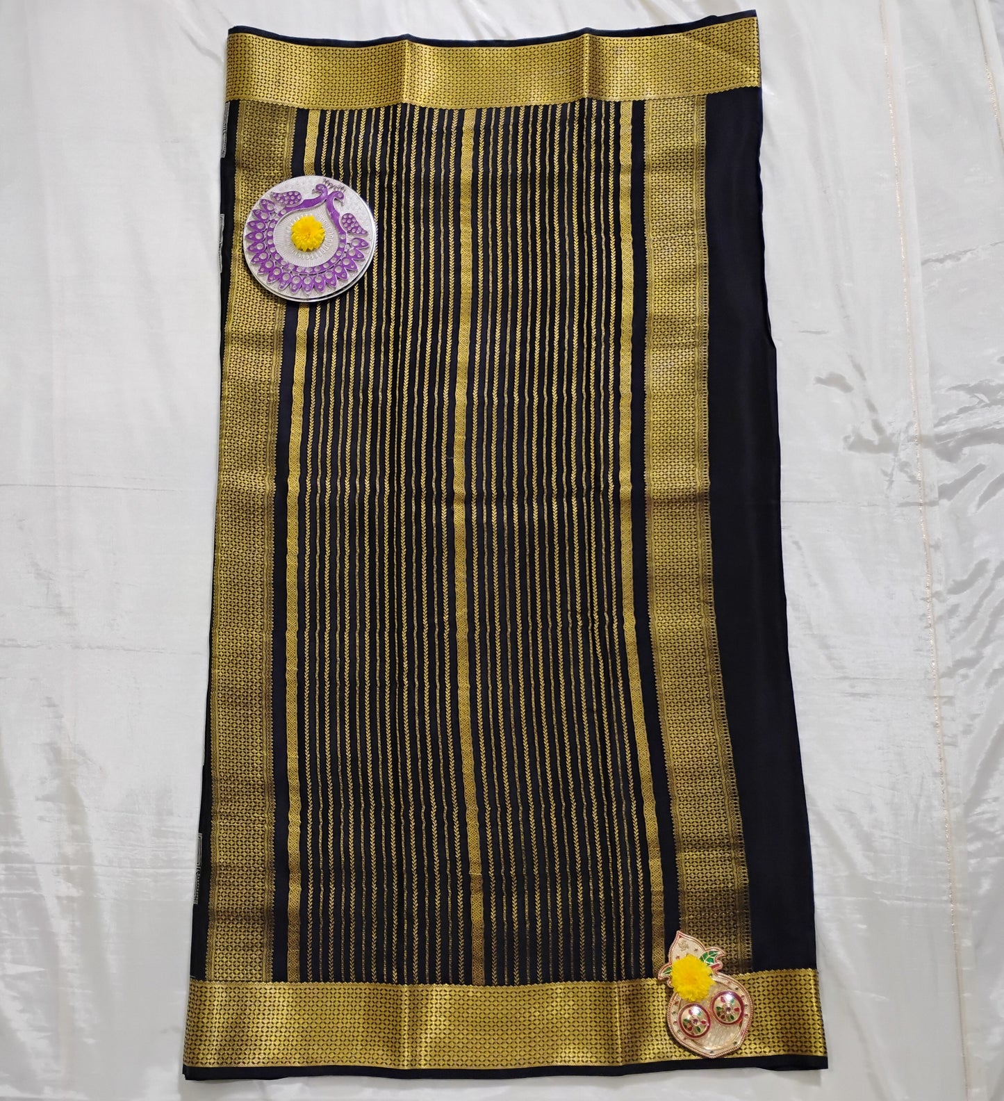 PureMysoreSilk black-grey-gold boxed design Saree