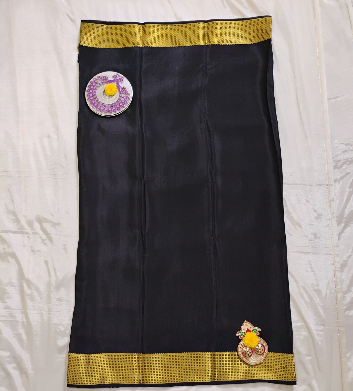 PureMysoreSilk black-grey-gold boxed design Saree