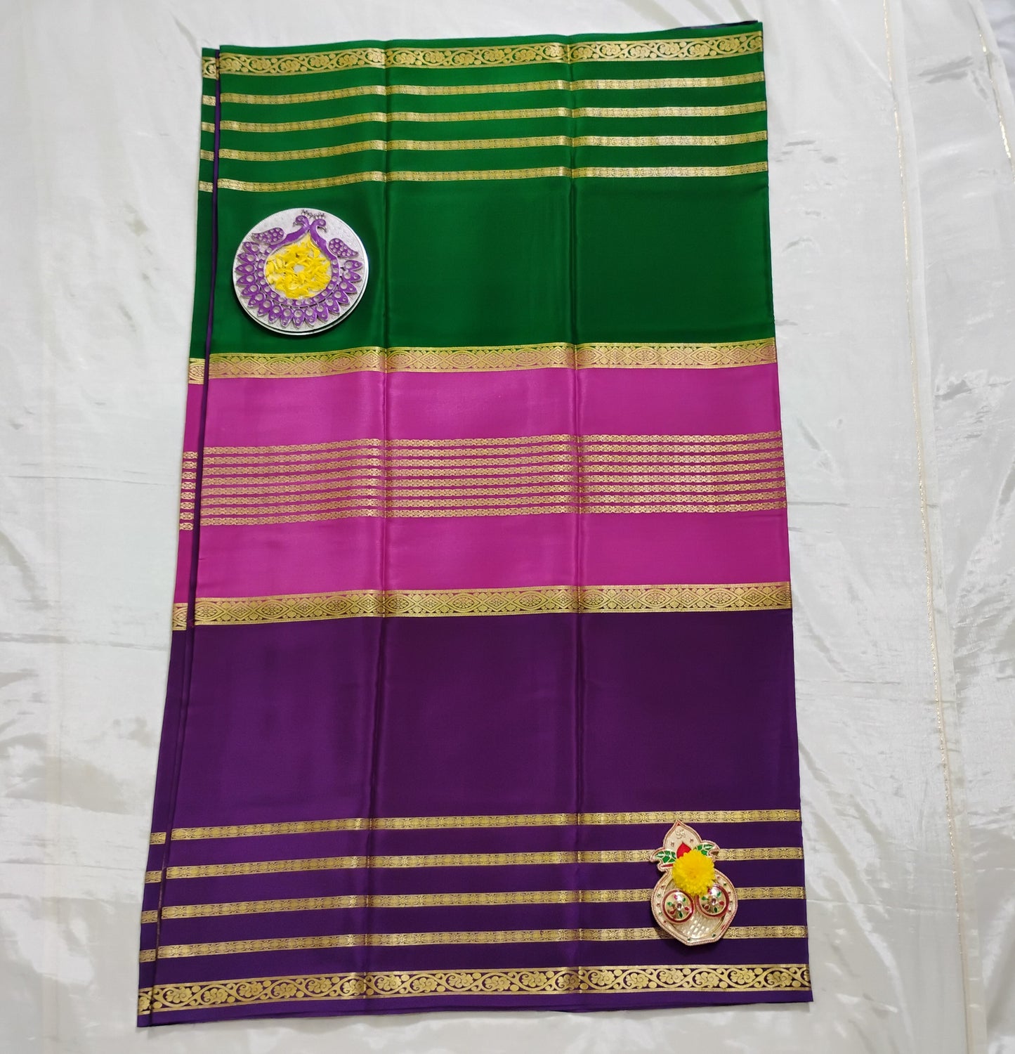 PureMysoreSilk pink-purple-green tri colored Saree