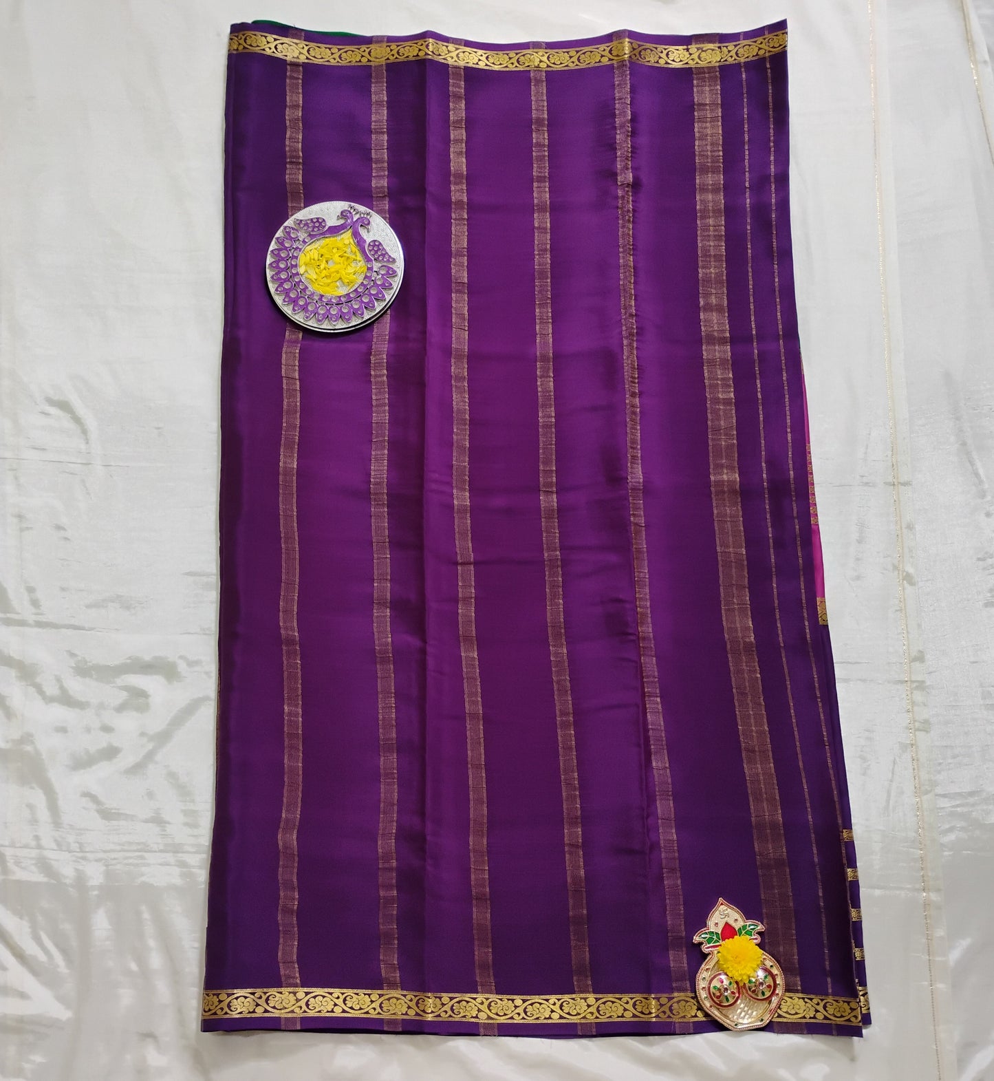 PureMysoreSilk pink-purple-green tri colored Saree