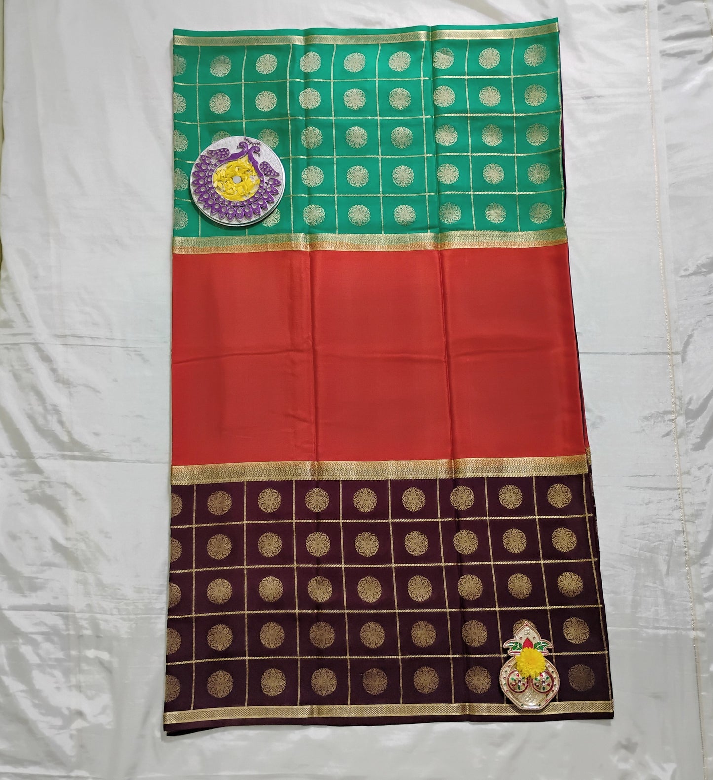 PureMysoreSilk orange-brown-green chequered tri-color Saree