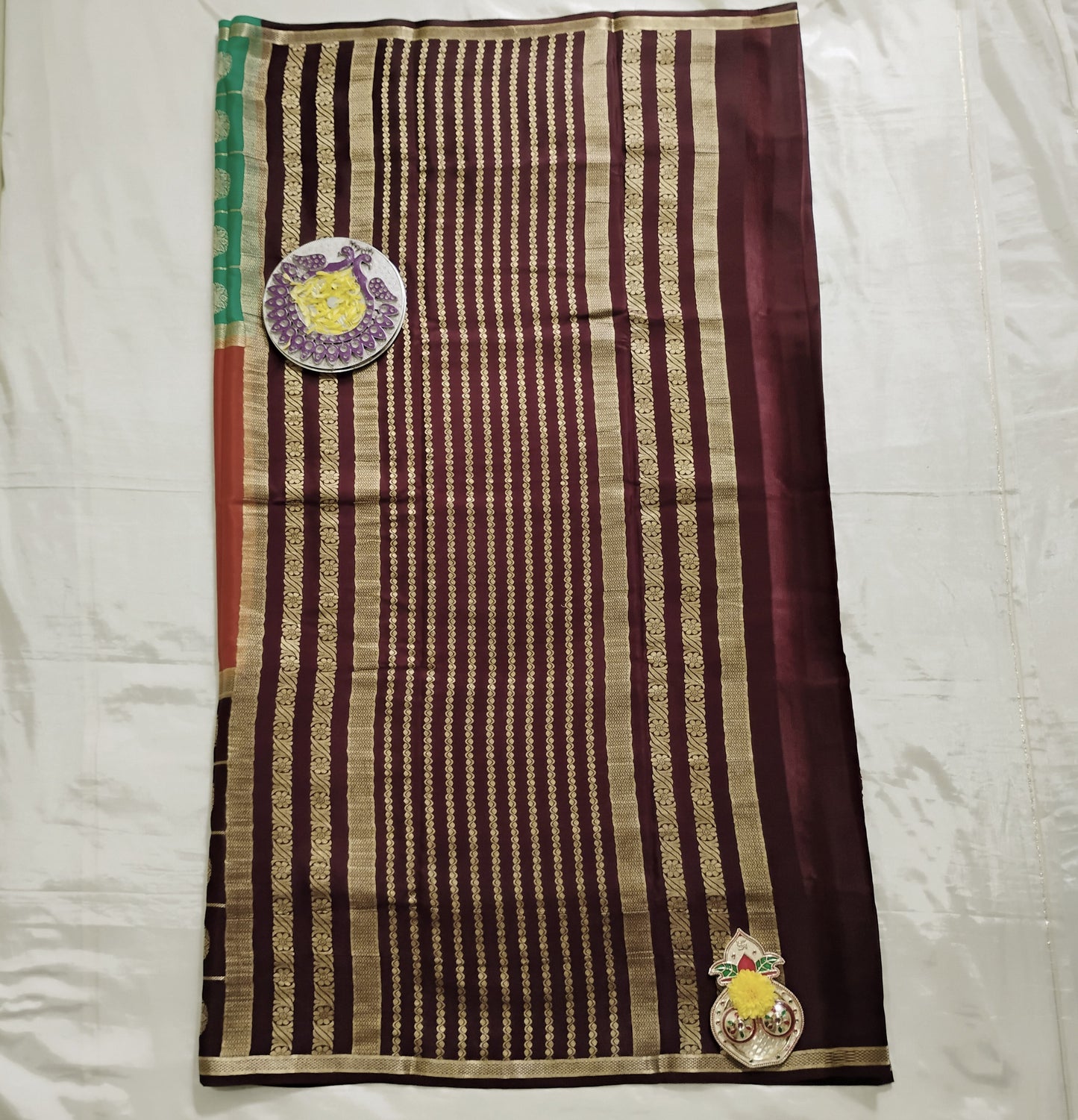 PureMysoreSilk orange-brown-green chequered tri-color Saree