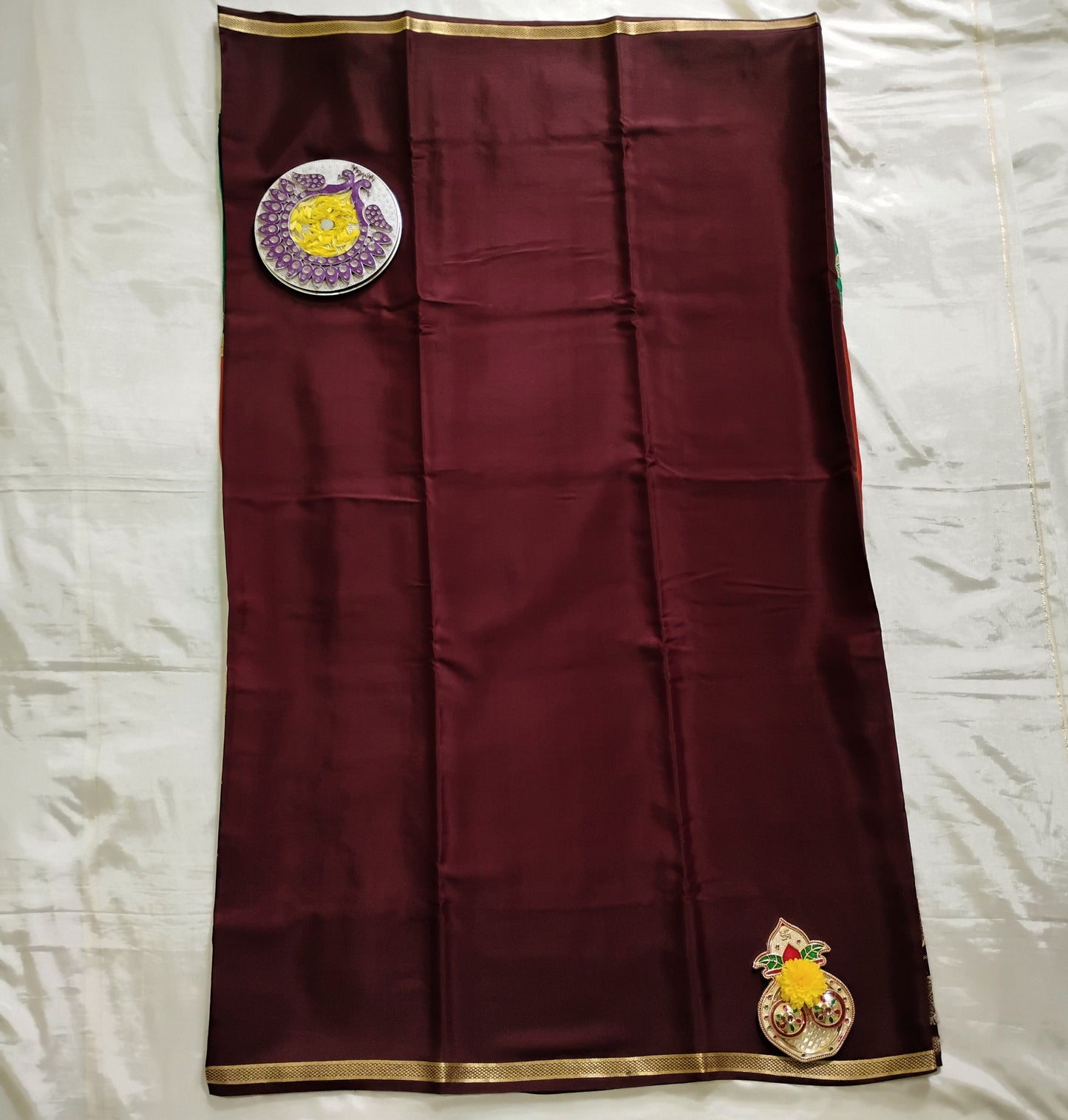 PureMysoreSilk orange-brown-green chequered tri-color Saree