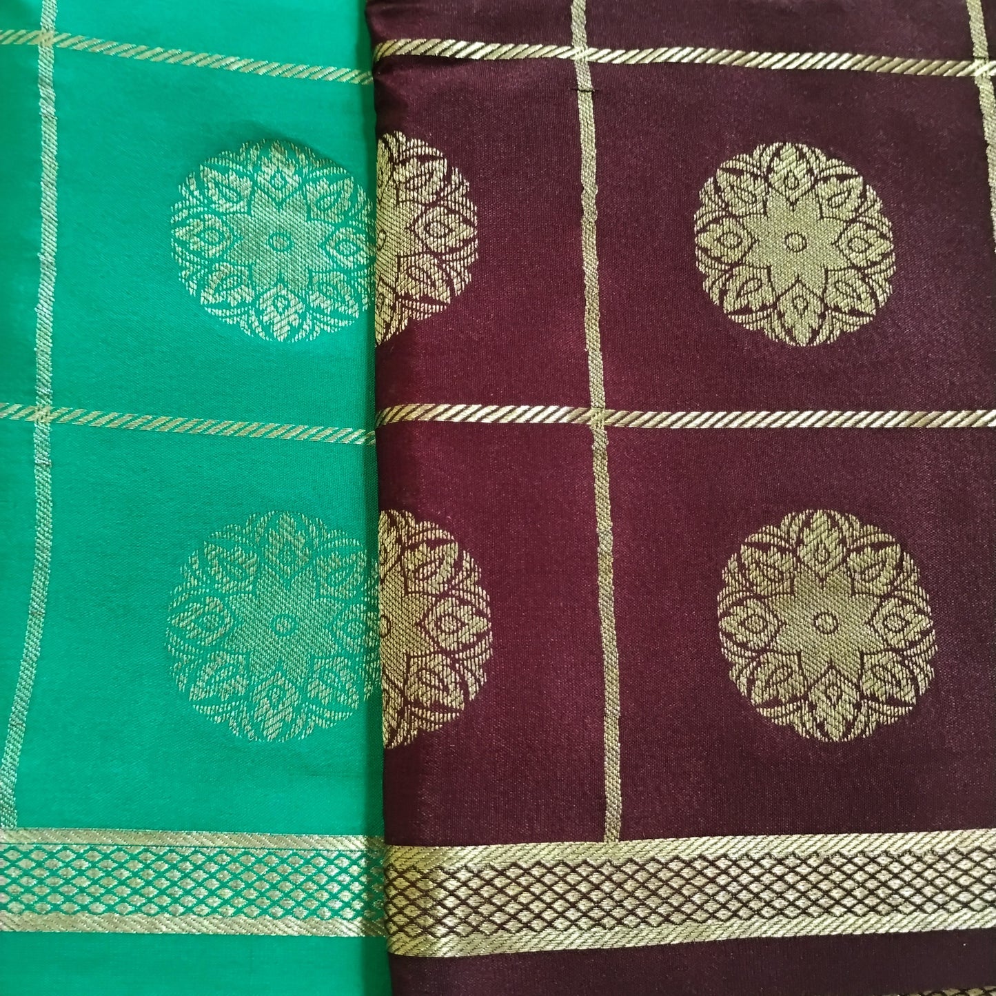 PureMysoreSilk orange-brown-green chequered tri-color Saree