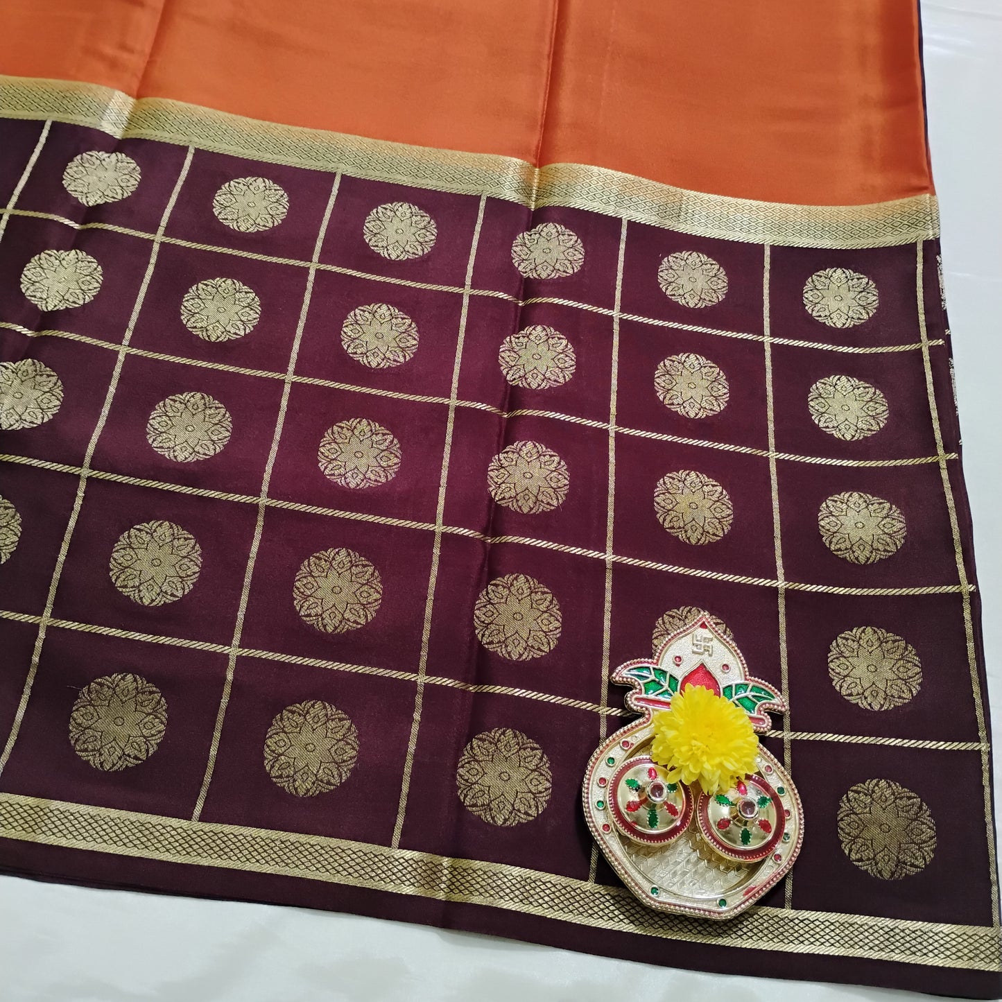 PureMysoreSilk orange-brown-green chequered tri-color Saree