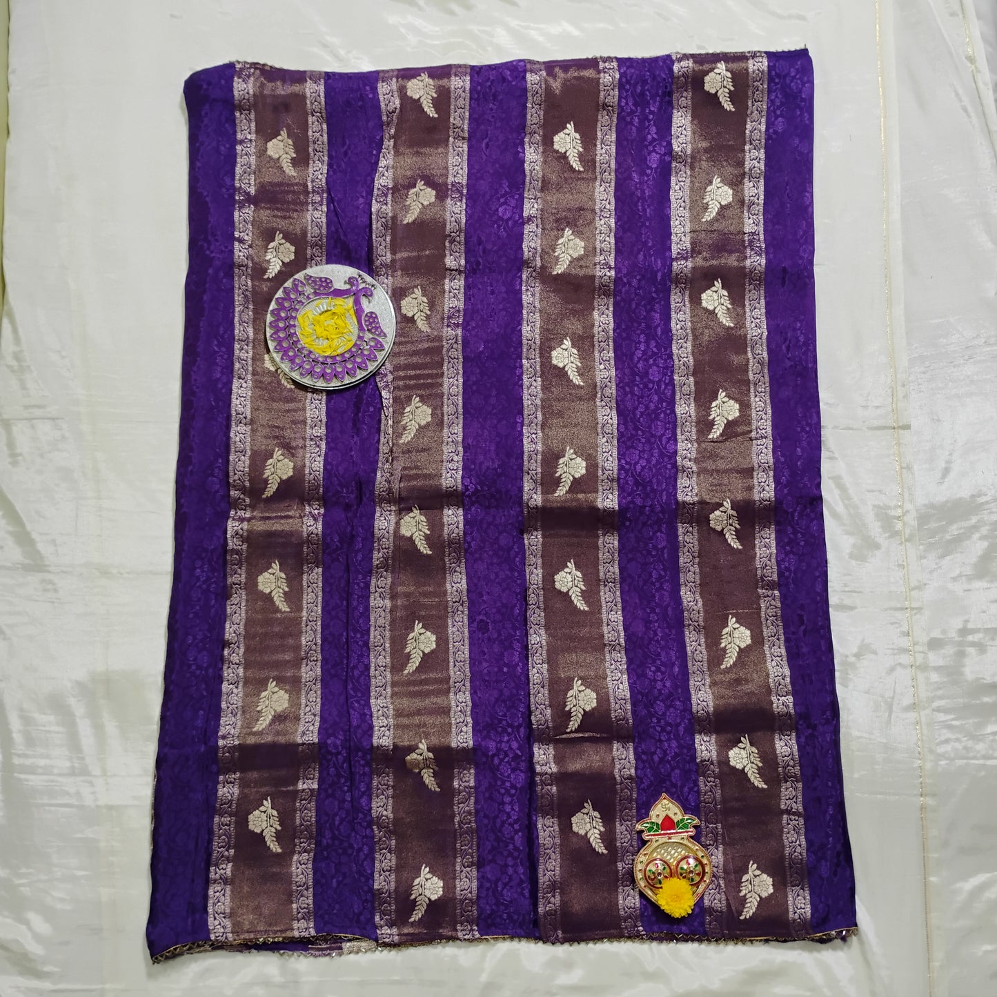 SatinTissue purple-brown striped design Saree