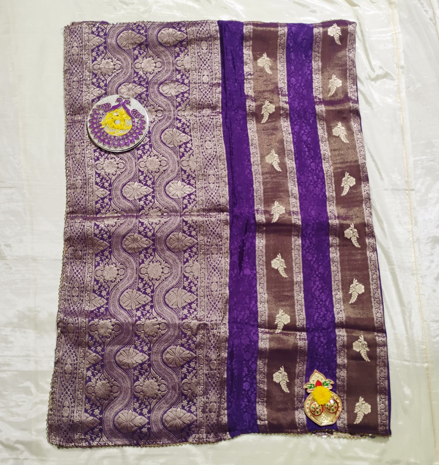 SatinTissue purple-brown striped design Saree