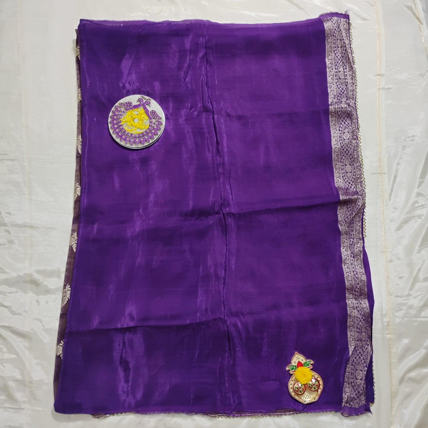 SatinTissue purple-brown striped design Saree