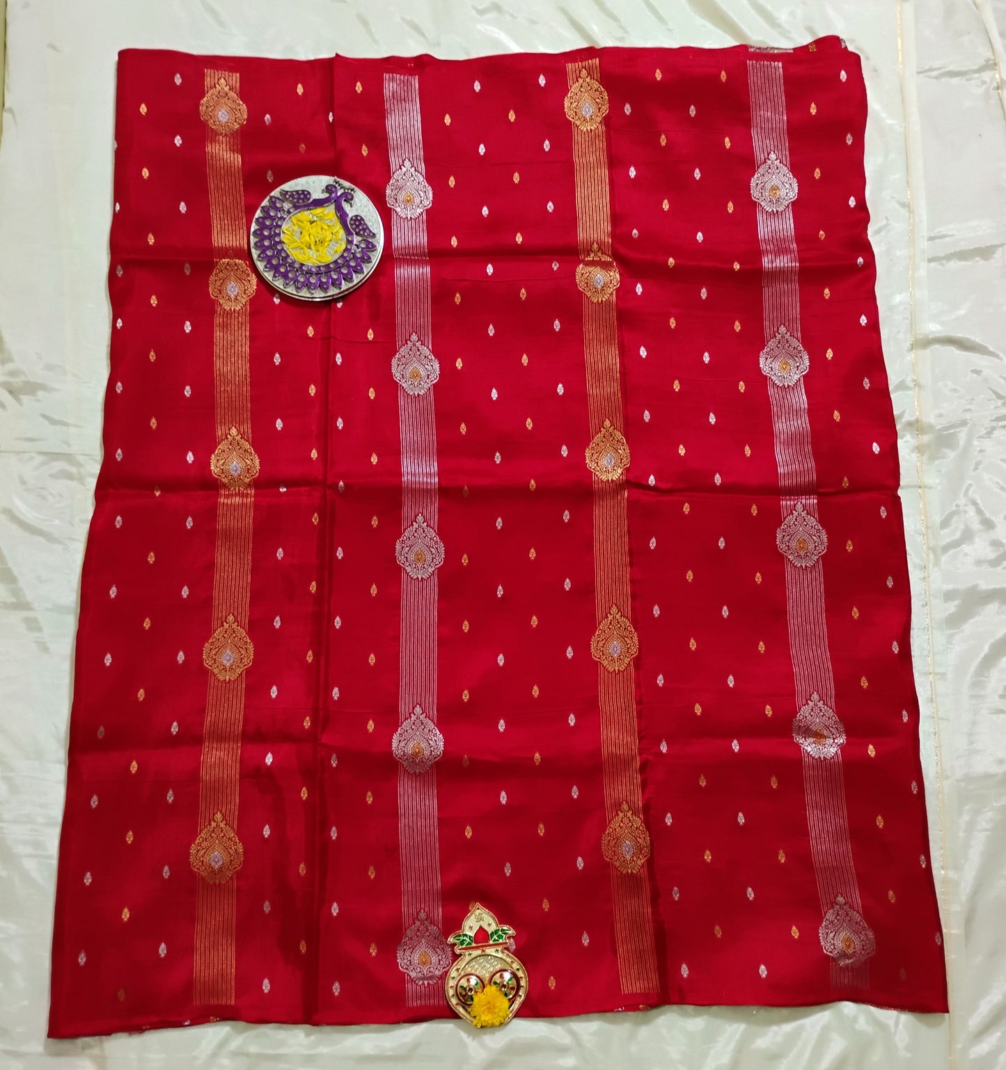 Semi Silk Red-Green patterned Saree
