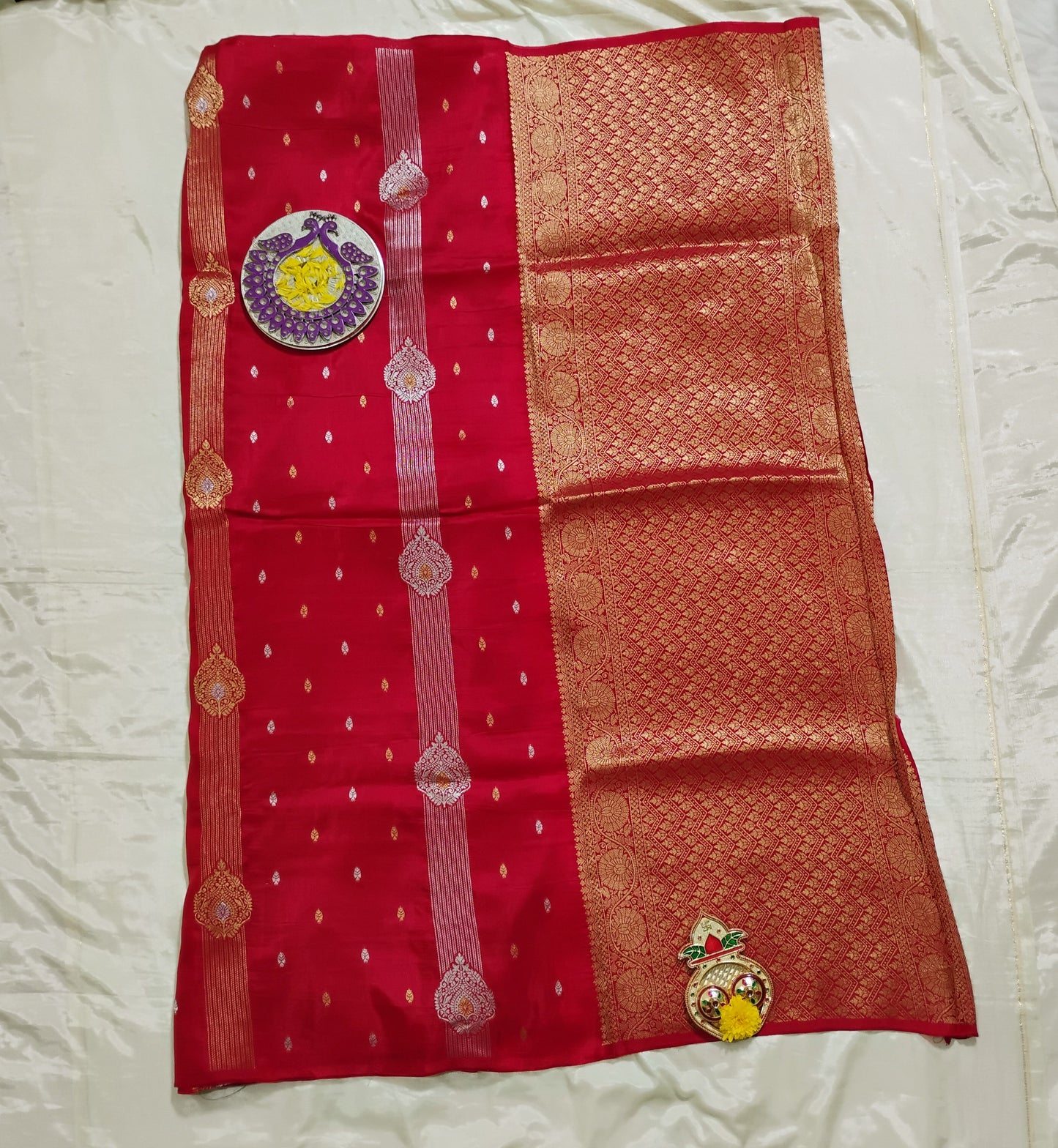 Semi Silk Red-Green patterned Saree