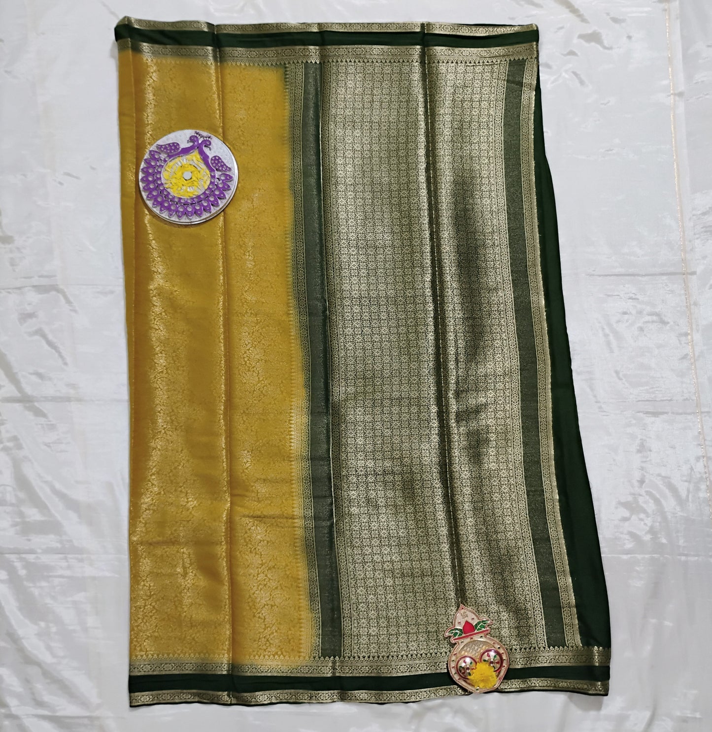 SemiMysoreSilk Brocade Golden-green Saree