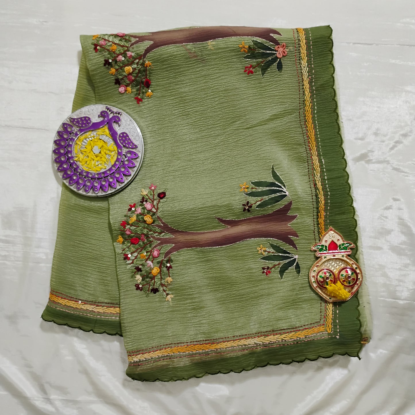 Embellished work Green Tree patterned Saree
