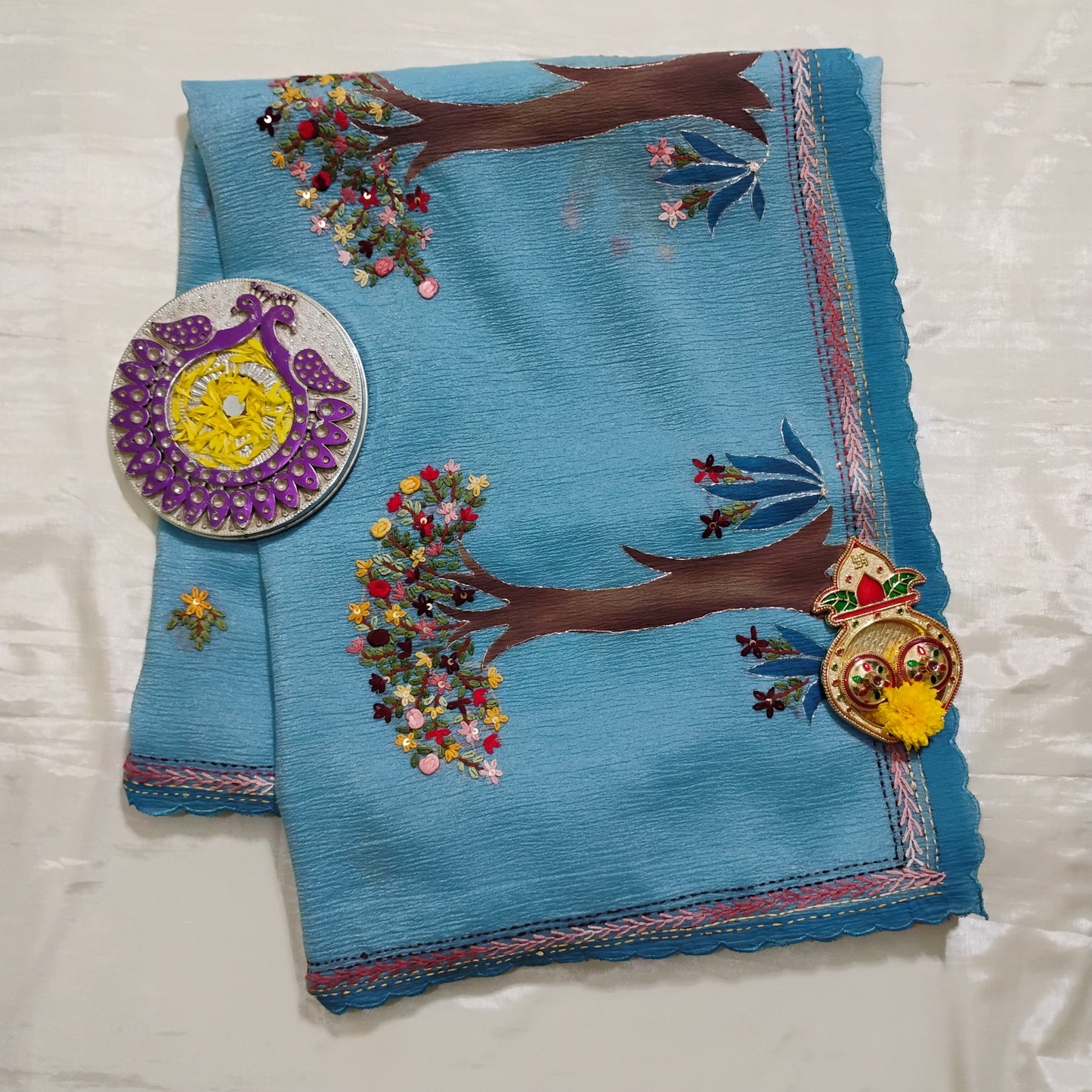 Embellished work Sky-Blue Tree patterned Saree
