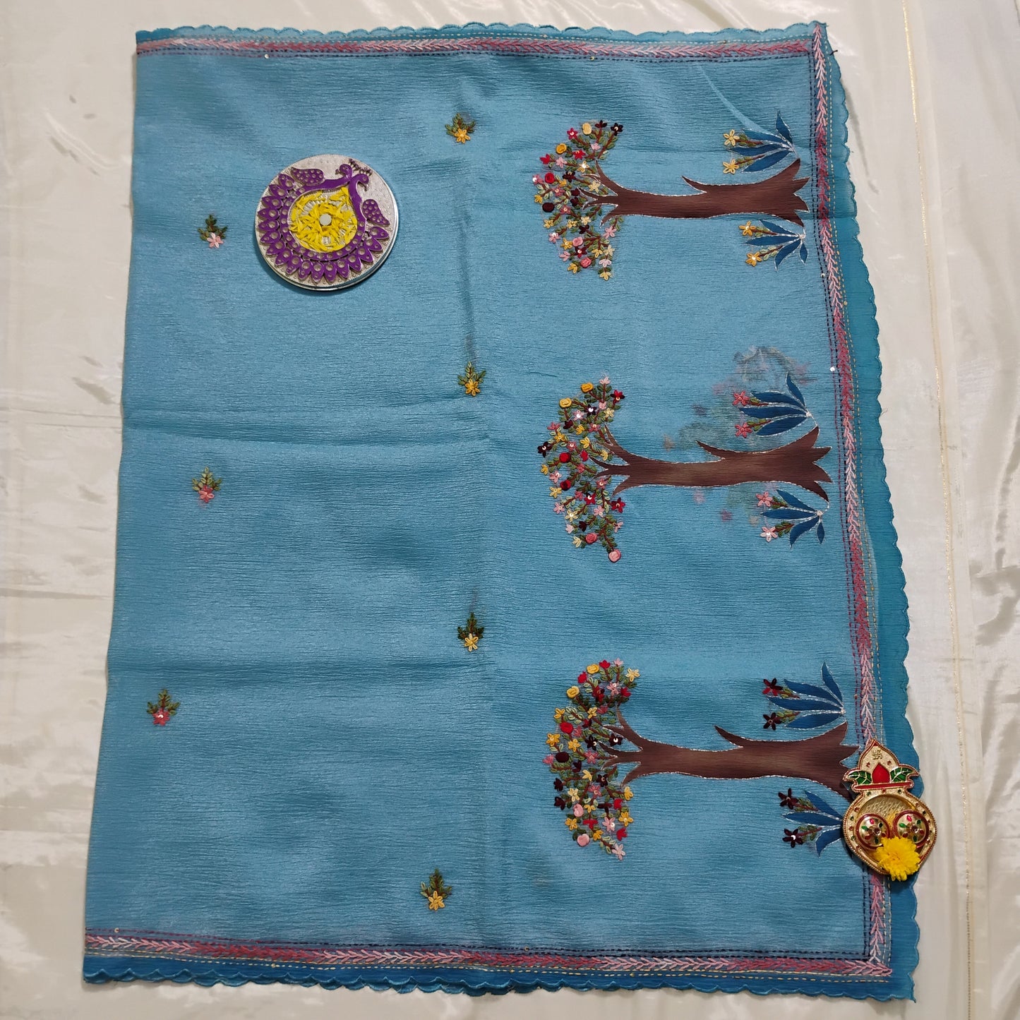Embellished work Sky-Blue Tree patterned Saree