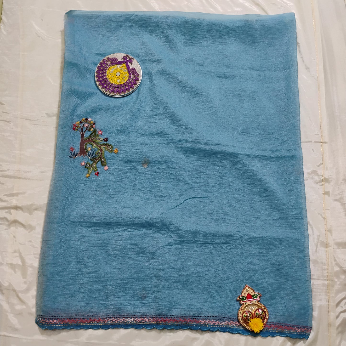 Embellished work Sky-Blue Tree patterned Saree