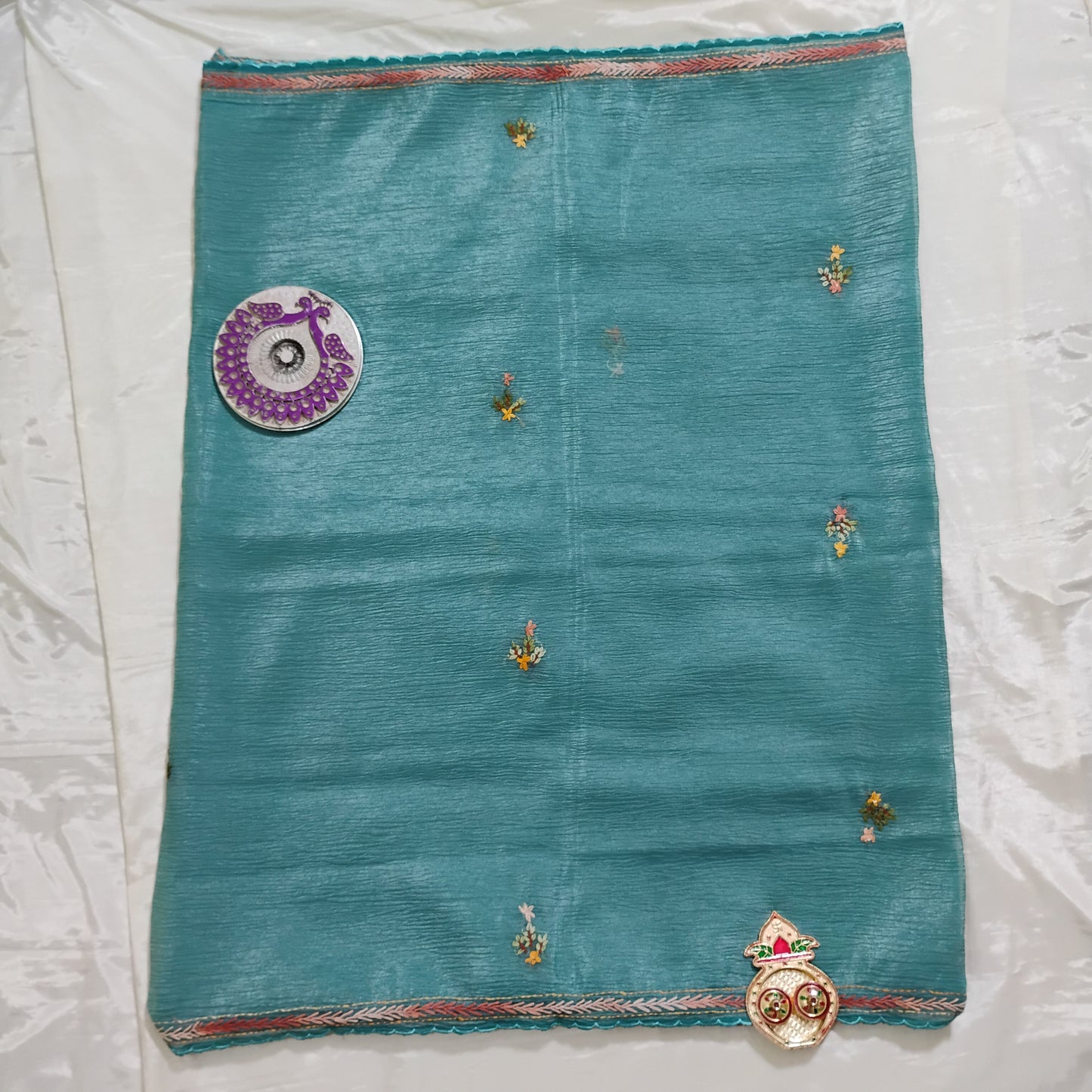 Embellished work cyan-blue Tree patterned Saree