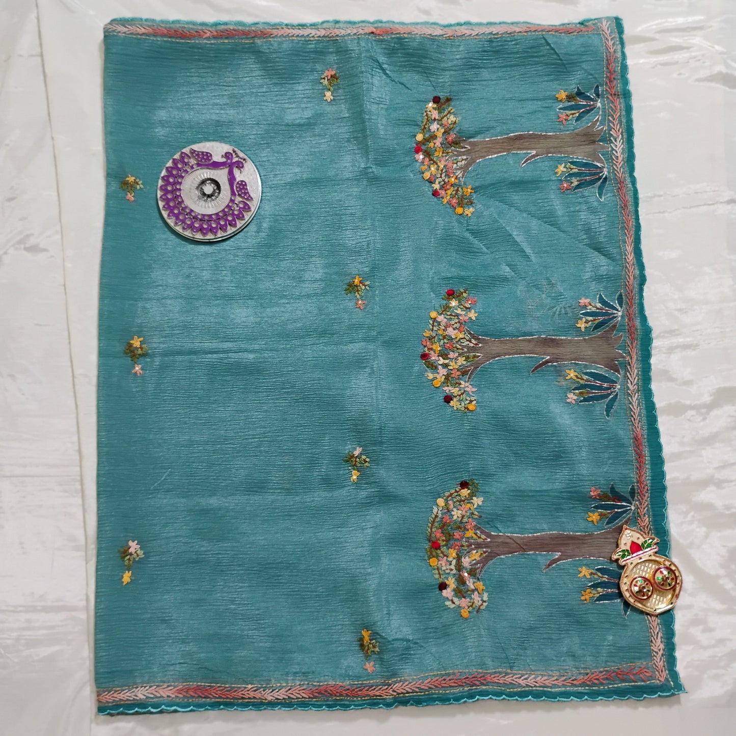 Embellished work cyan-blue Tree patterned Saree
