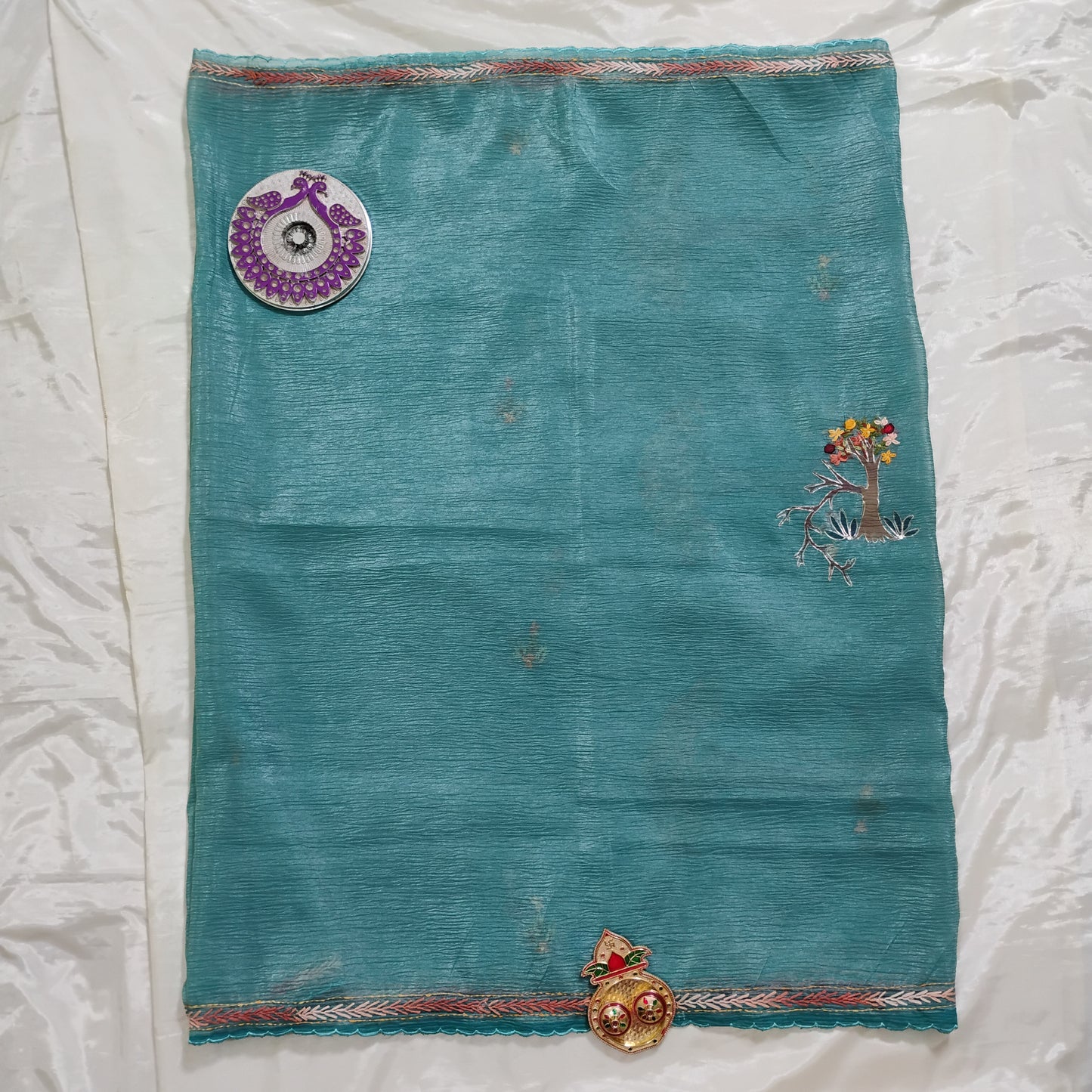 Embellished work cyan-blue Tree patterned Saree