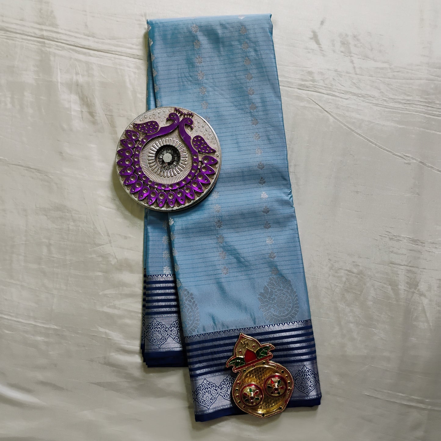 SemiSilk bright blue striped Saree
