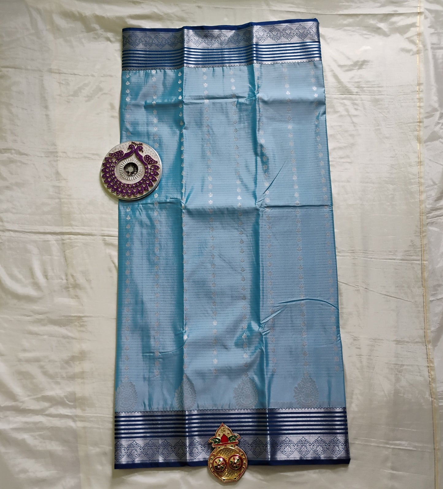 SemiSilk bright blue striped Saree