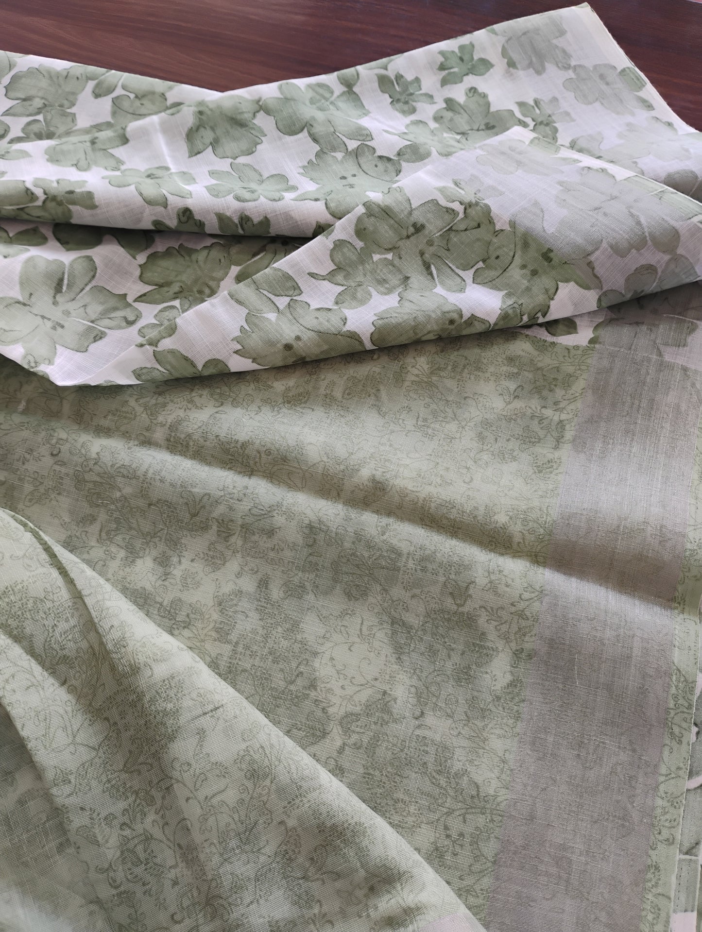 LinenCotton Green White Floral Saree