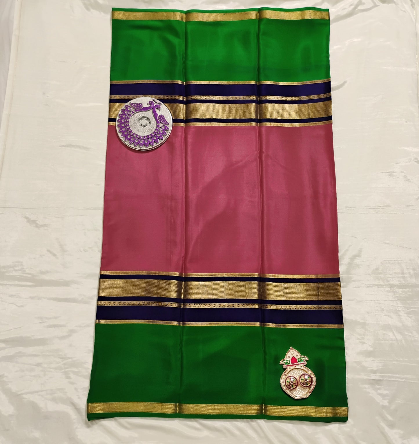 PureMysoreSilk Pink Navy-Bottle Green border Saree