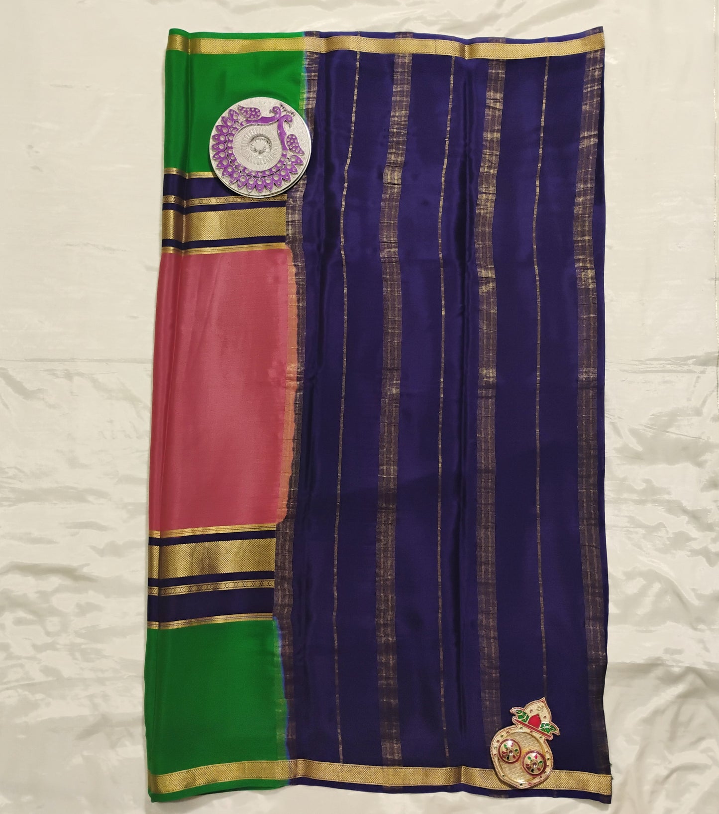 PureMysoreSilk Pink Navy-Bottle Green border Saree