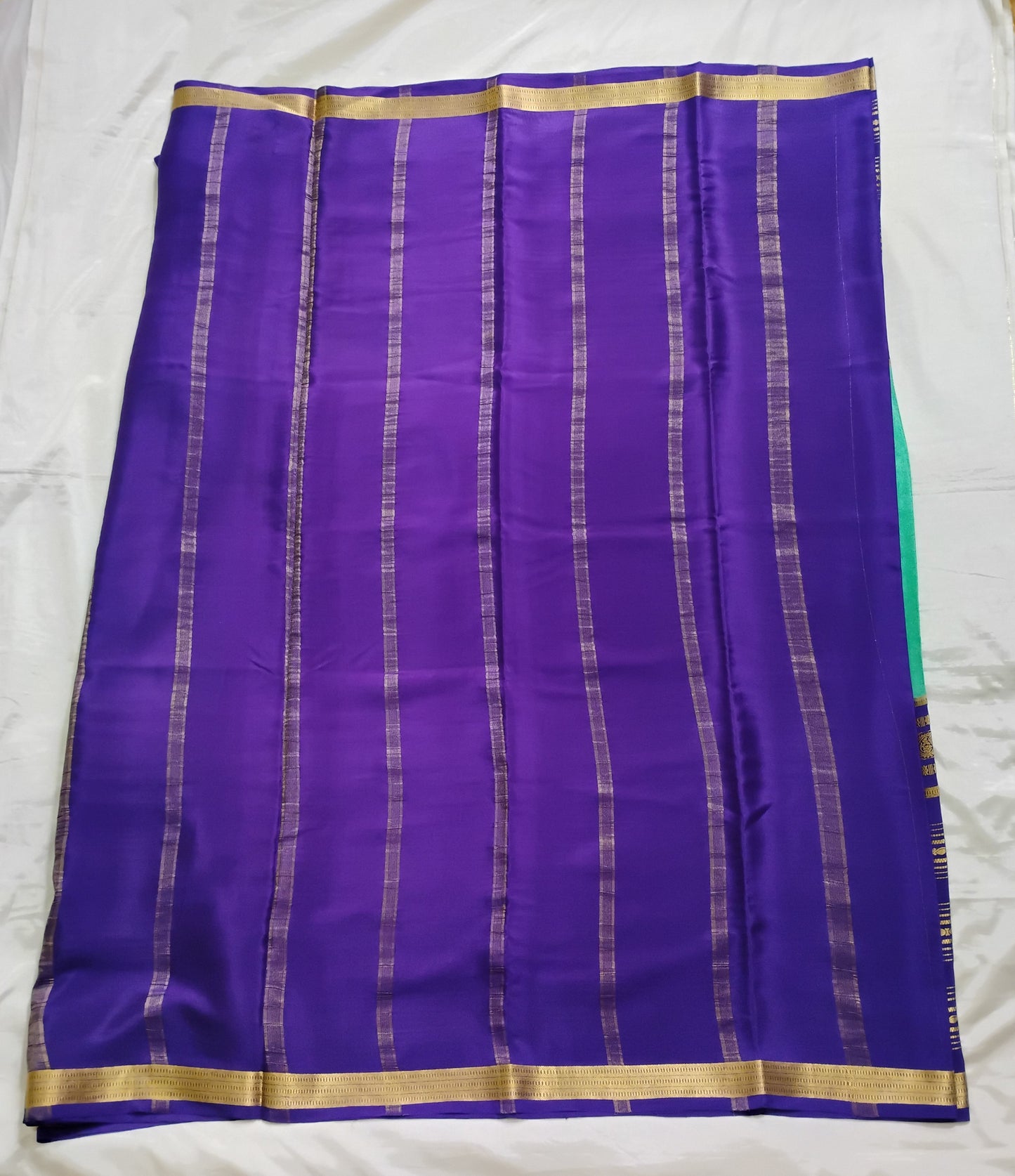 PureMysoreSilk Pista green with violetish-blue equal border Saree