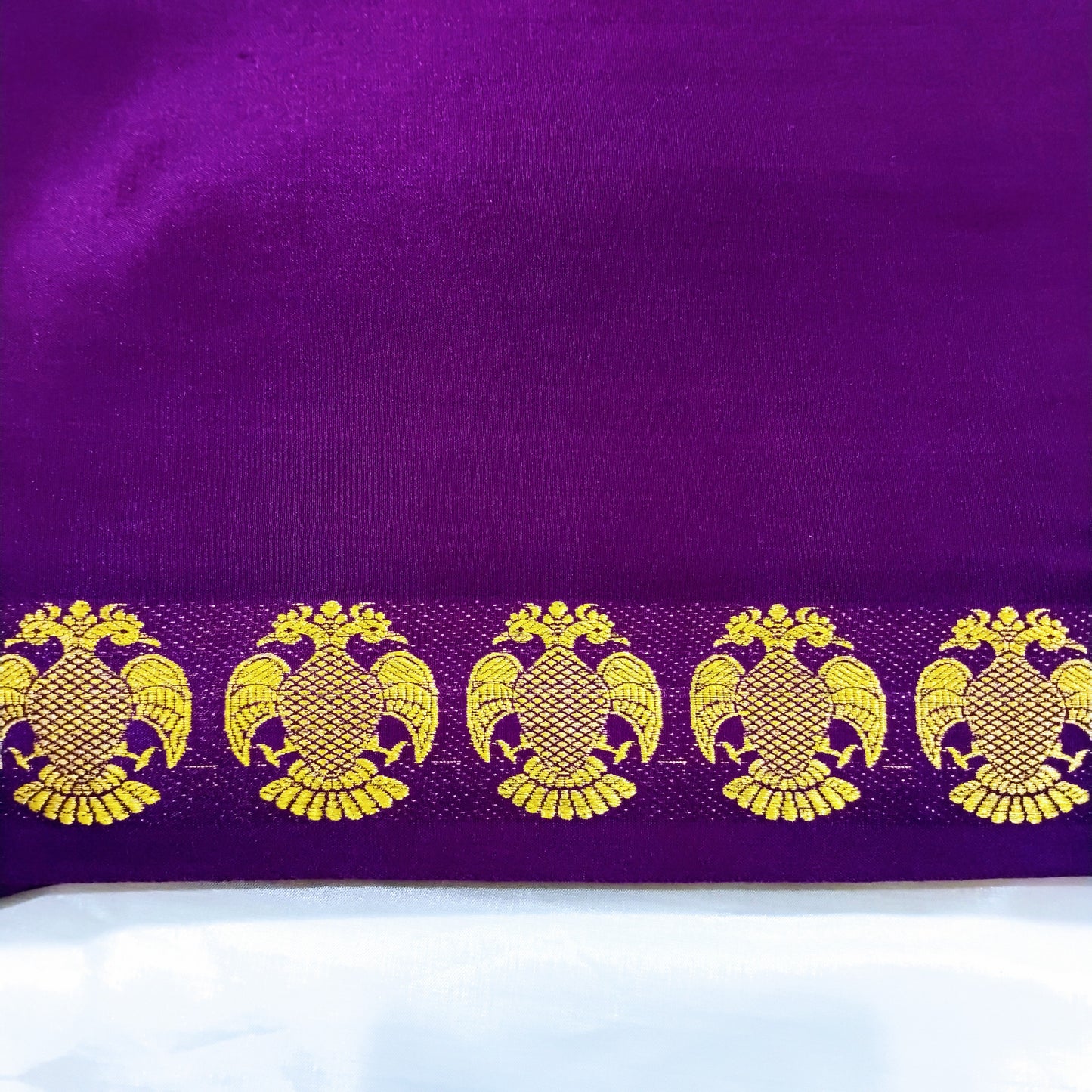 PureMysoreSilk Violet with golden Gandaberunda border Saree