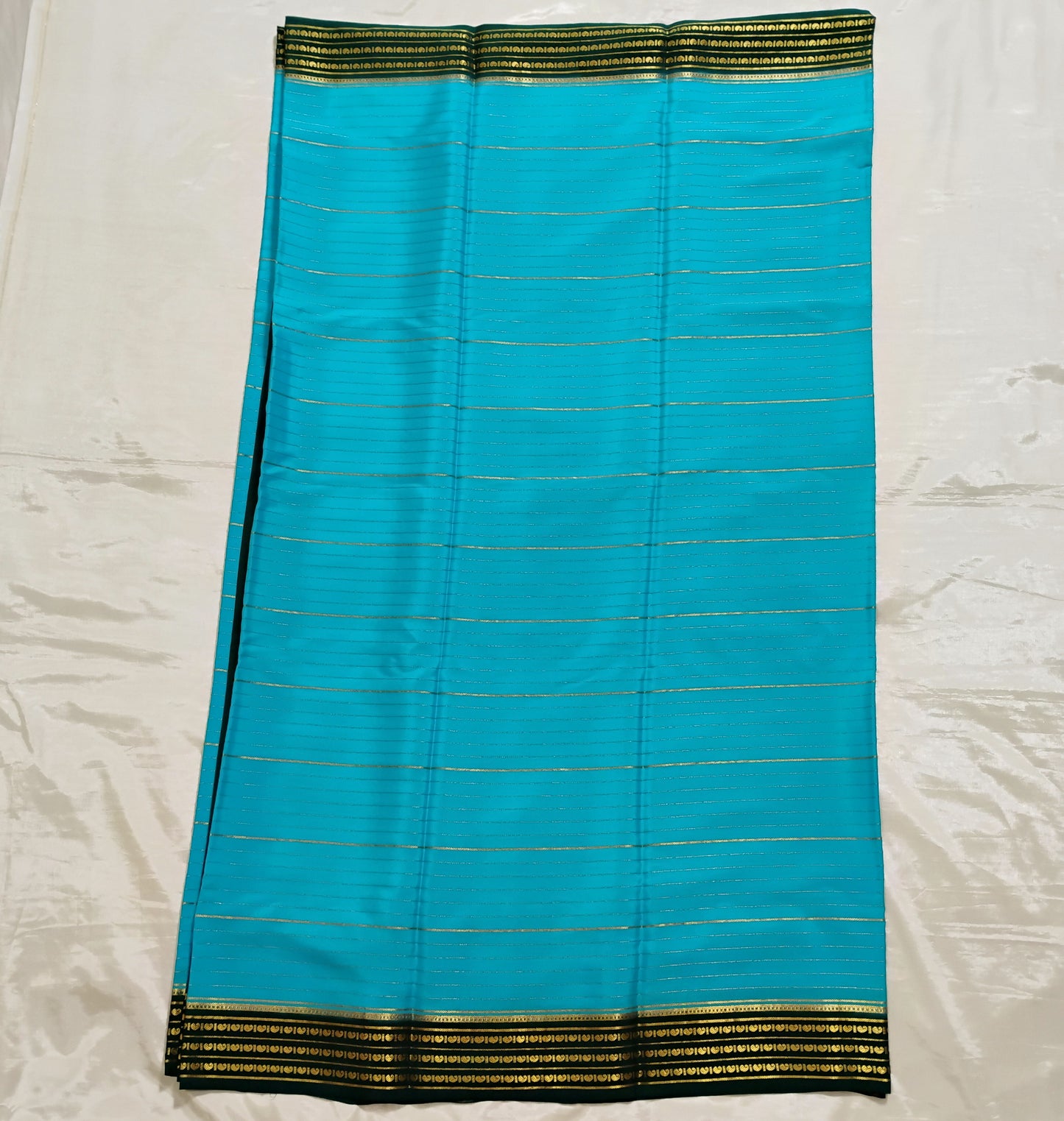 PureMysoreSilk Sky Blue with green border Saree