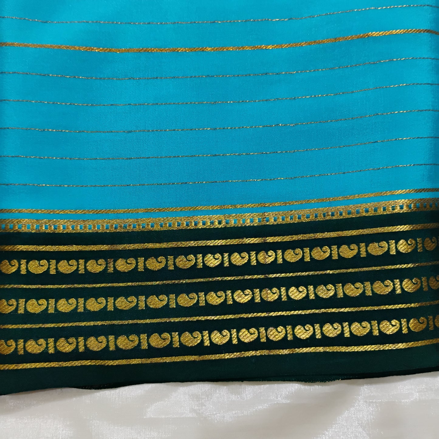 PureMysoreSilk Sky Blue with green border Saree