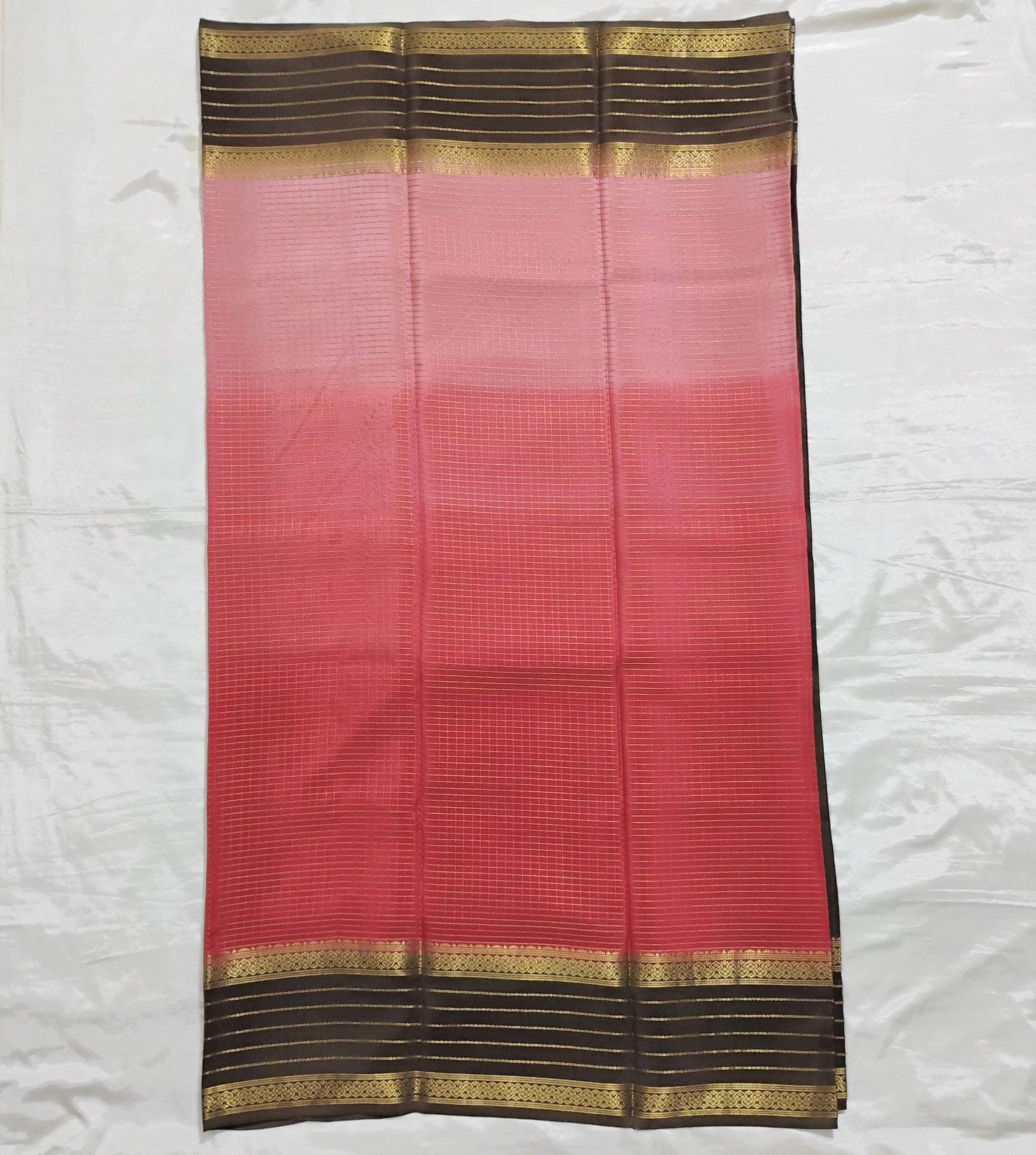 PureMysoreSilk red checkered with brown border Saree