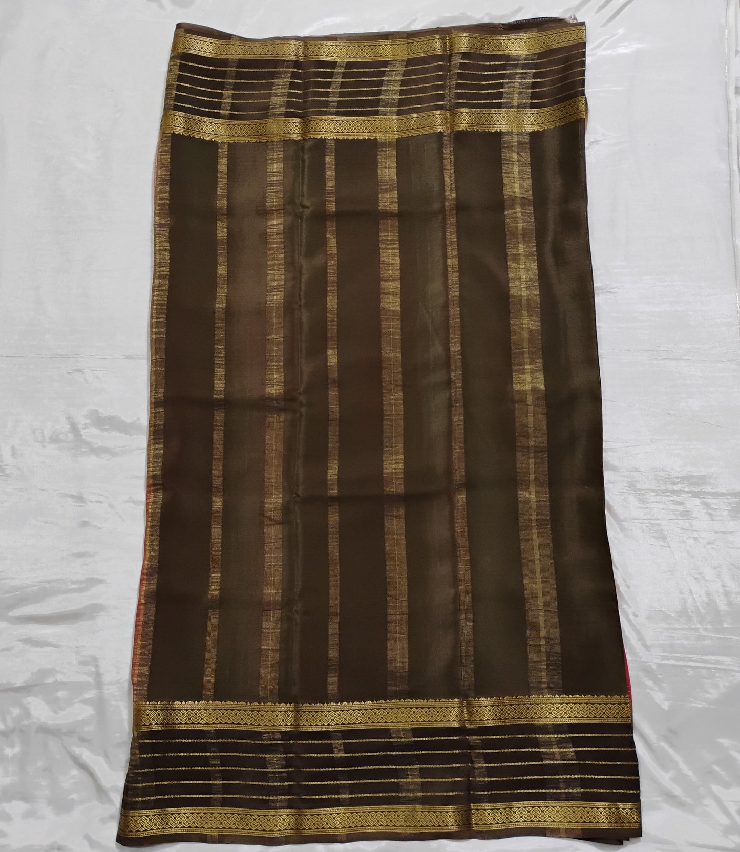 PureMysoreSilk red checkered with brown border Saree