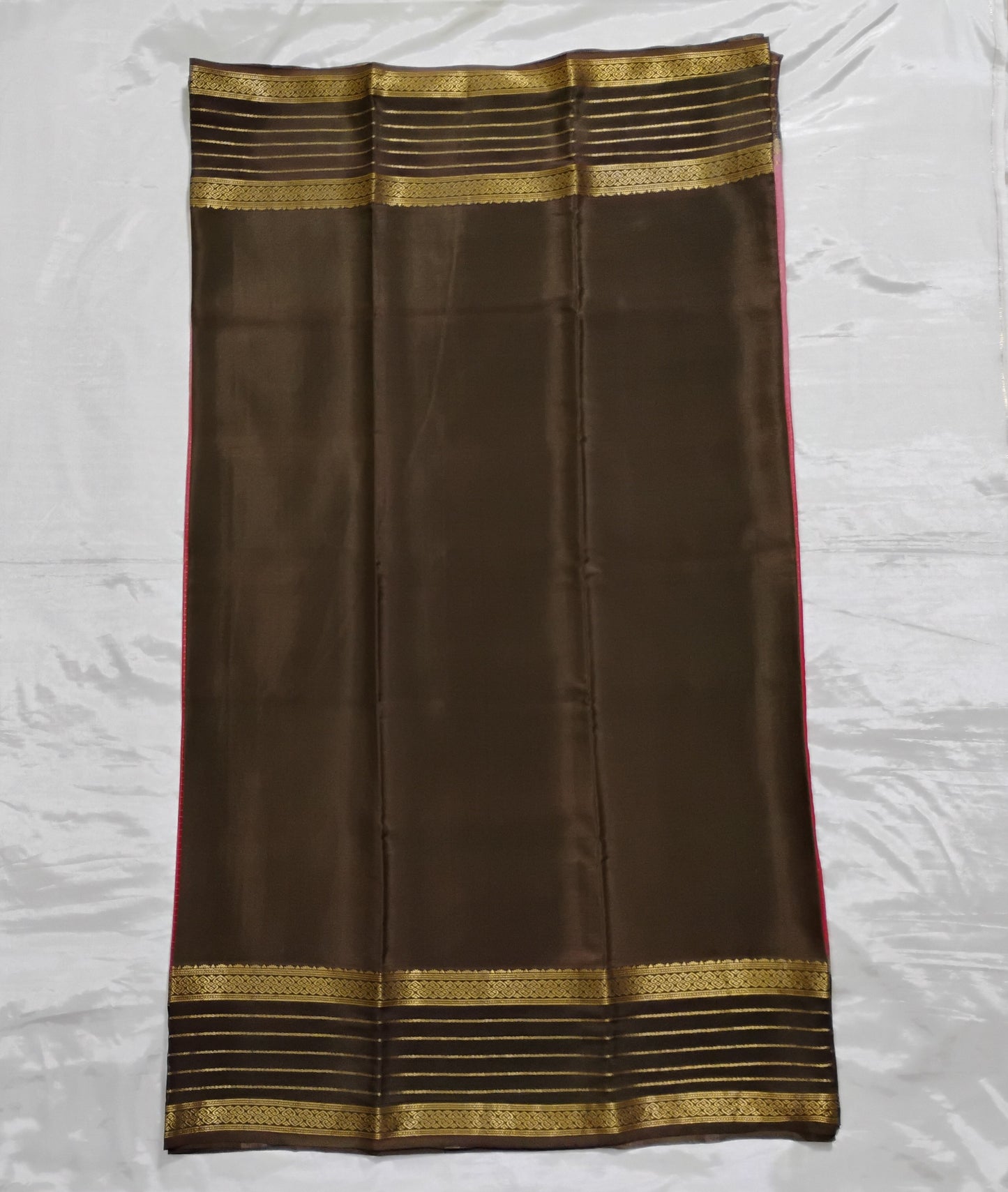 PureMysoreSilk red checkered with brown border Saree