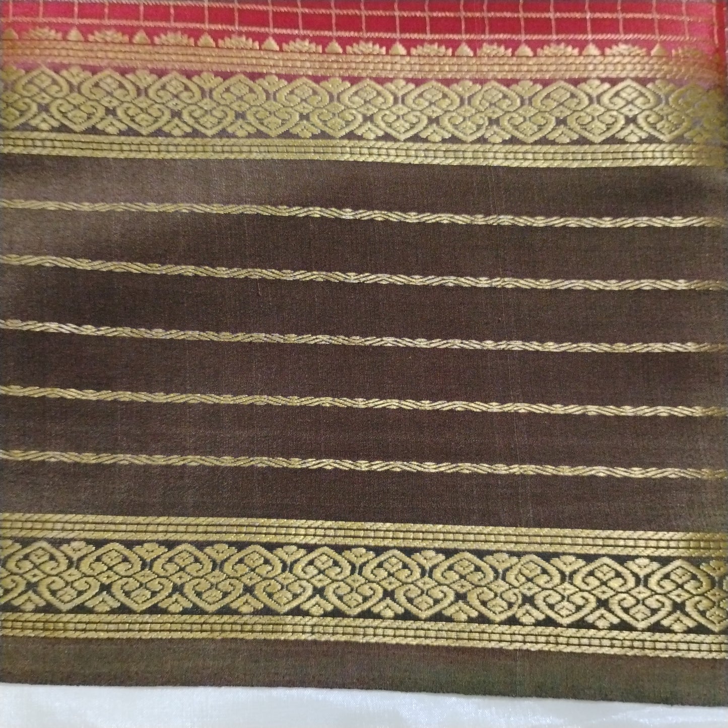 PureMysoreSilk red checkered with brown border Saree