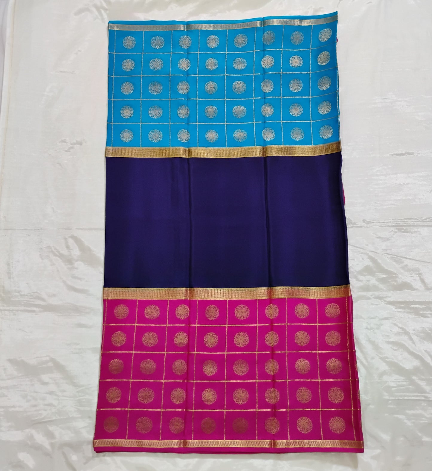 PureMysoreSilk with Blue-Red boxed design Saree