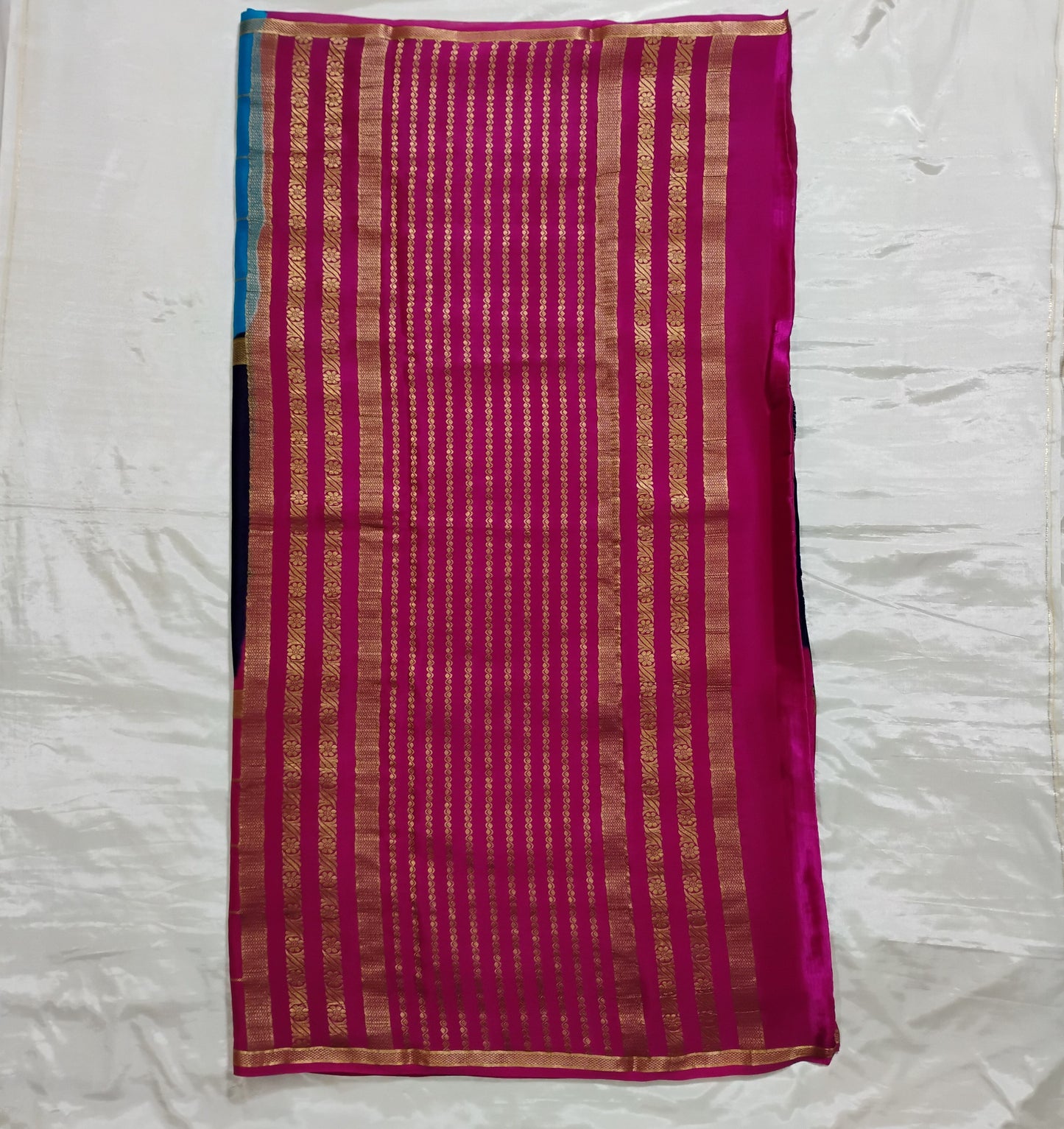 PureMysoreSilk with Blue-Red boxed design Saree