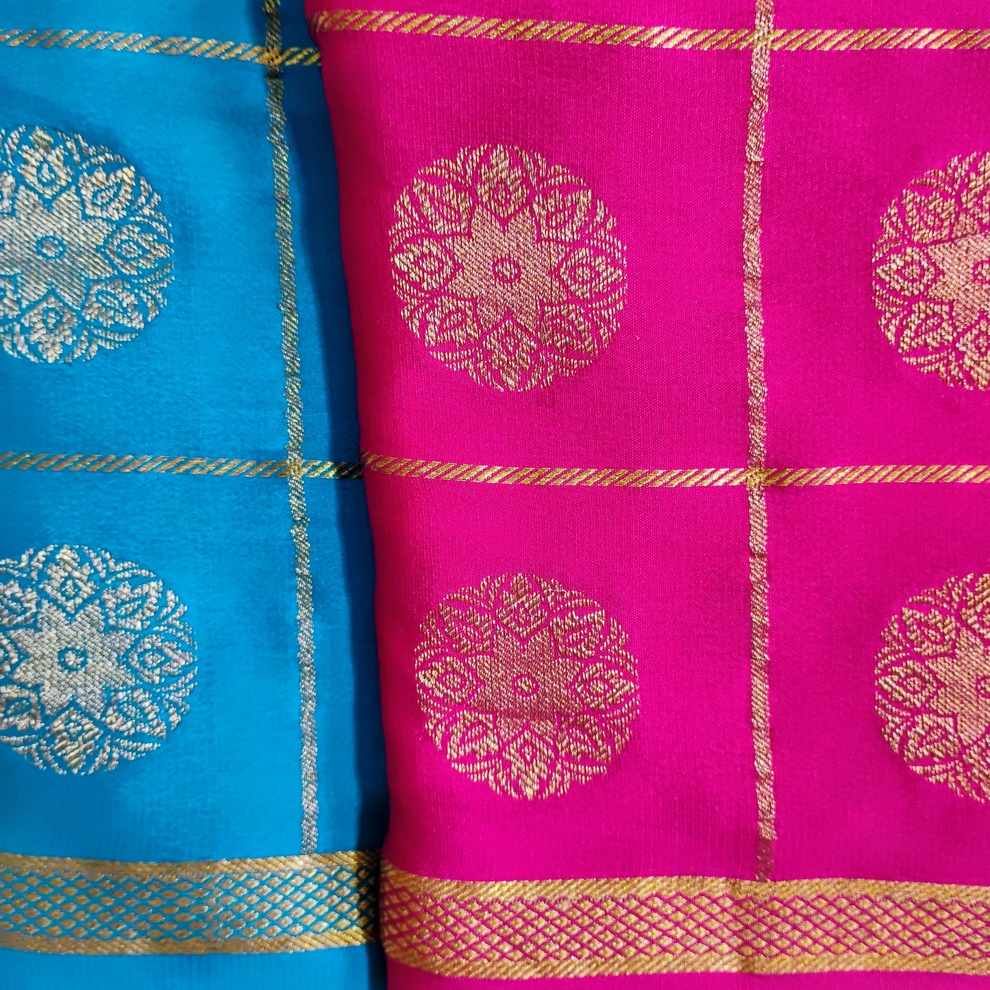 PureMysoreSilk with Blue-Red boxed design Saree