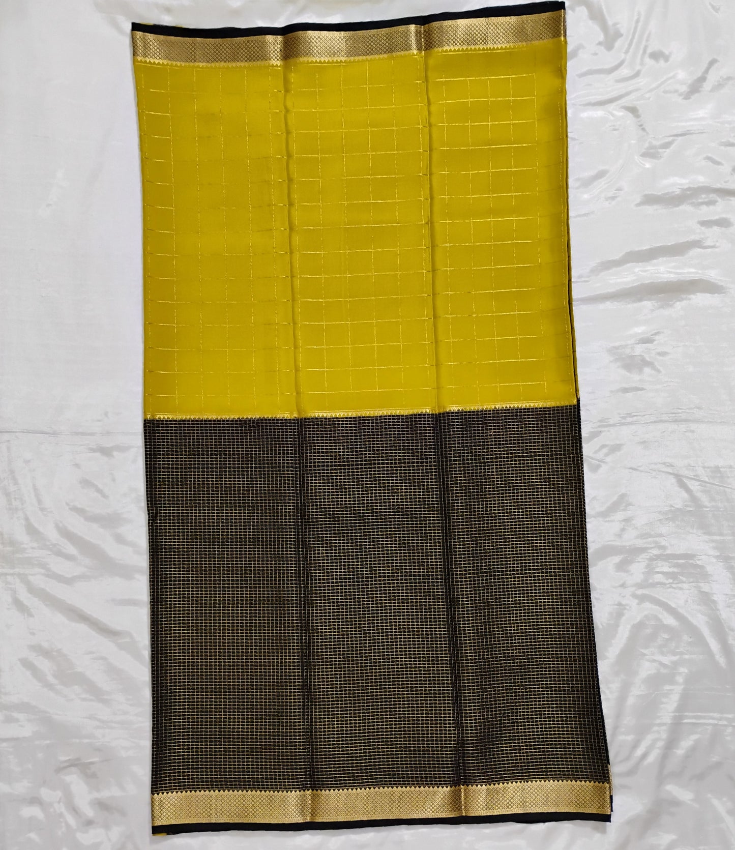PureMysoreSilk khakee-black checkered double border Saree