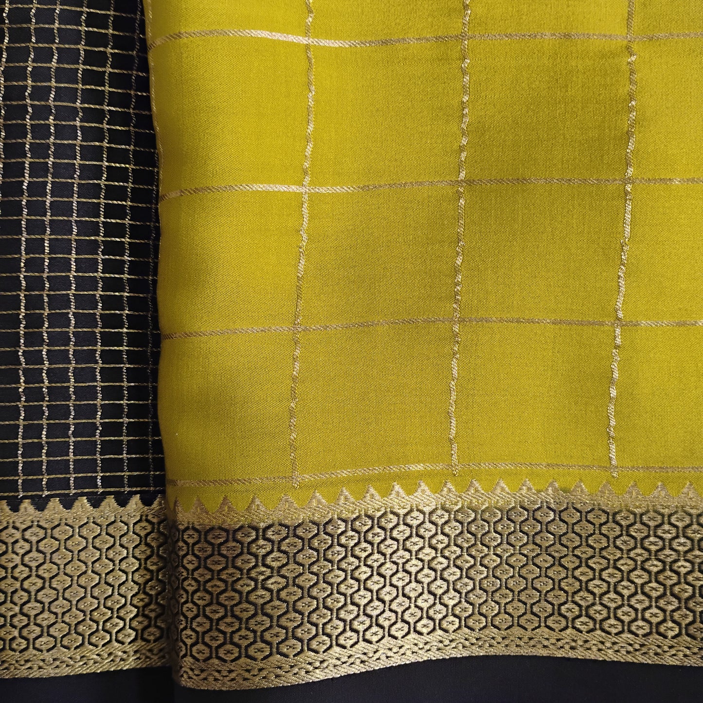 PureMysoreSilk khakee-black checkered double border Saree