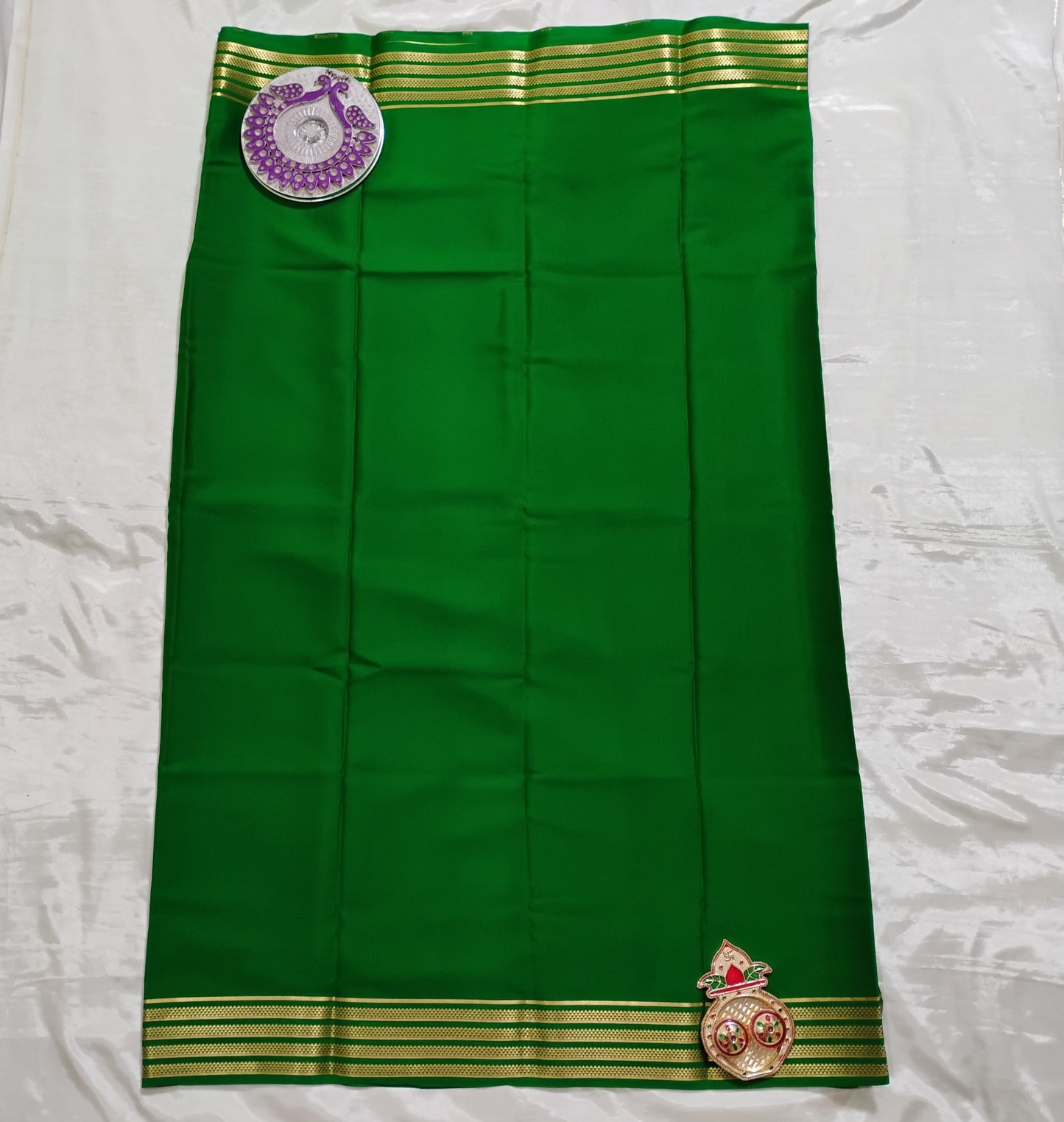 PureMysoreSilk Bottle Green with golden triangle border Saree