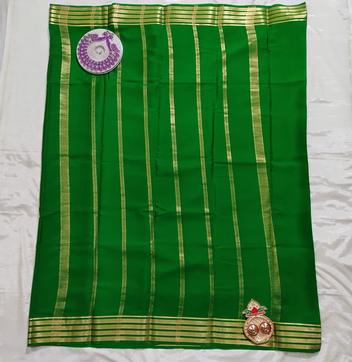 PureMysoreSilk Bottle Green with golden triangle border Saree