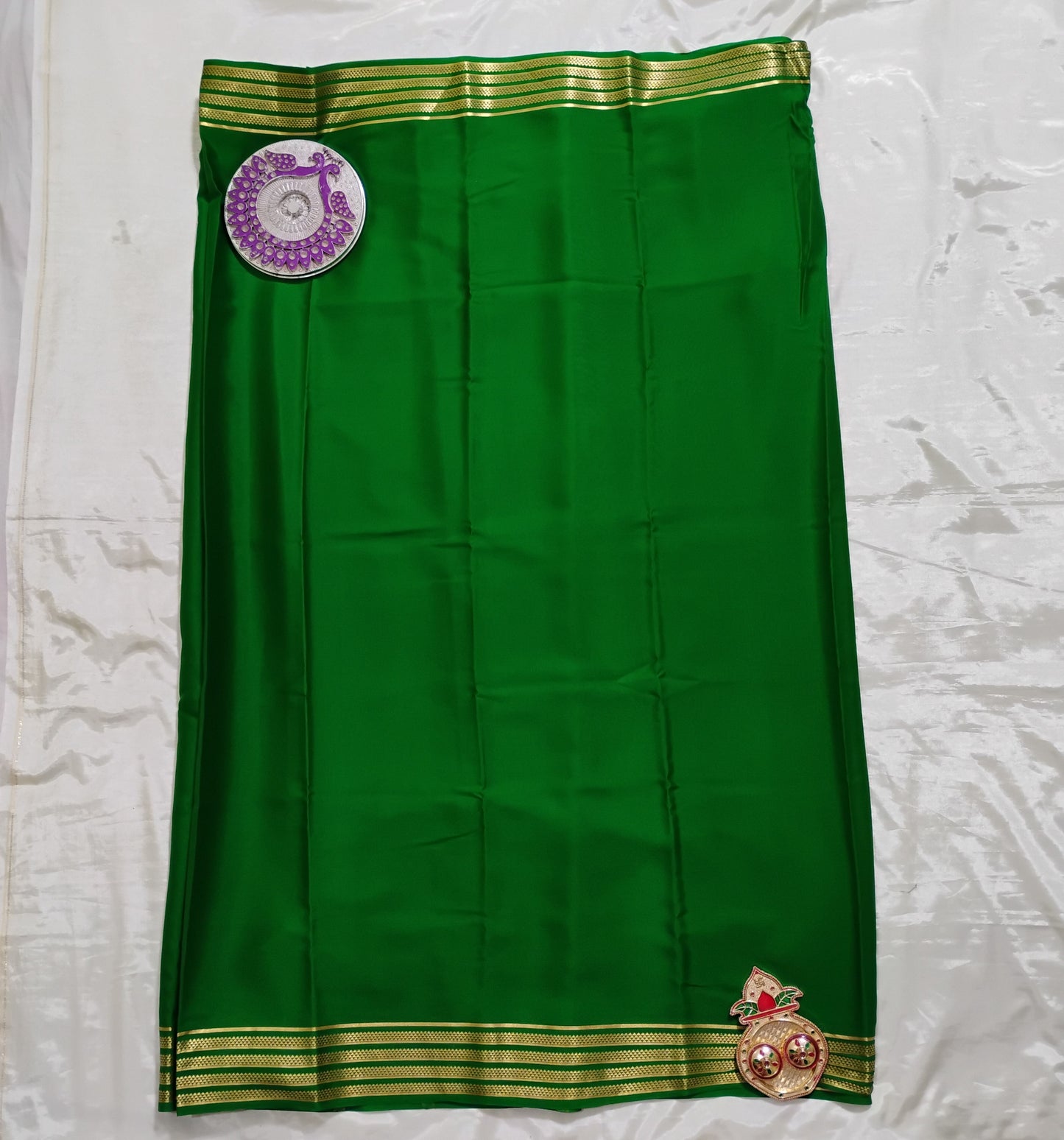 PureMysoreSilk Bottle Green with golden triangle border Saree