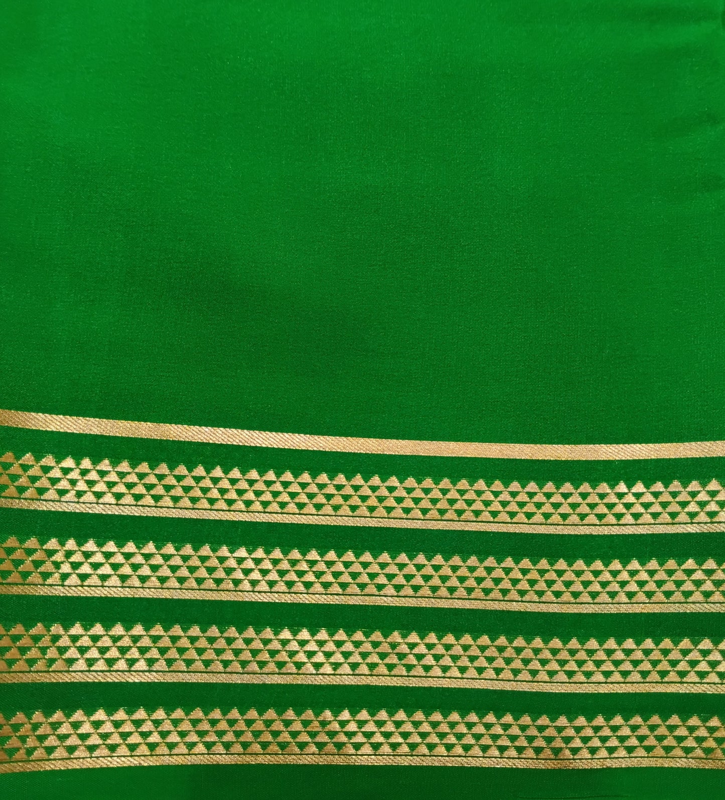 PureMysoreSilk Bottle Green with golden triangle border Saree