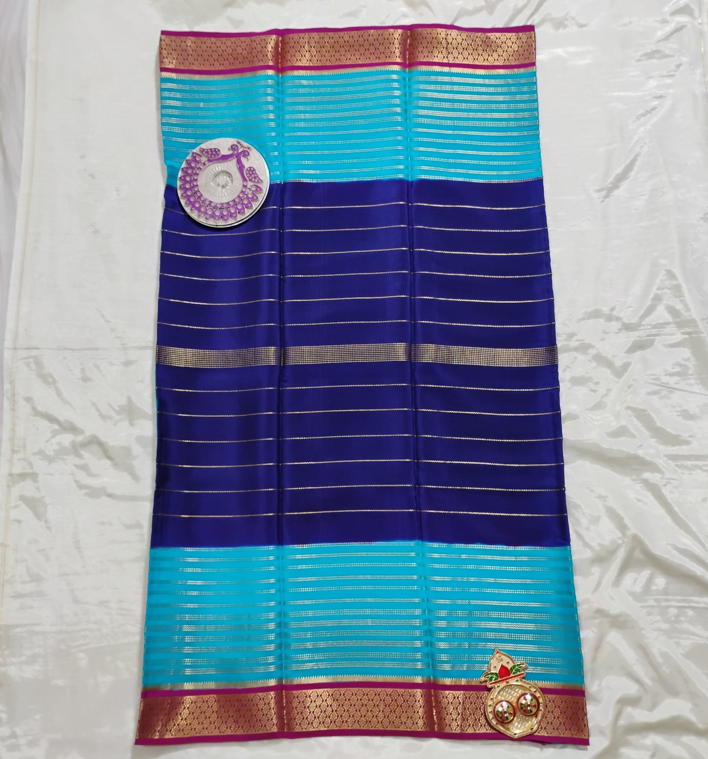 PureMysoreSilk Sky-Blue Navy-Blue dual tone Saree