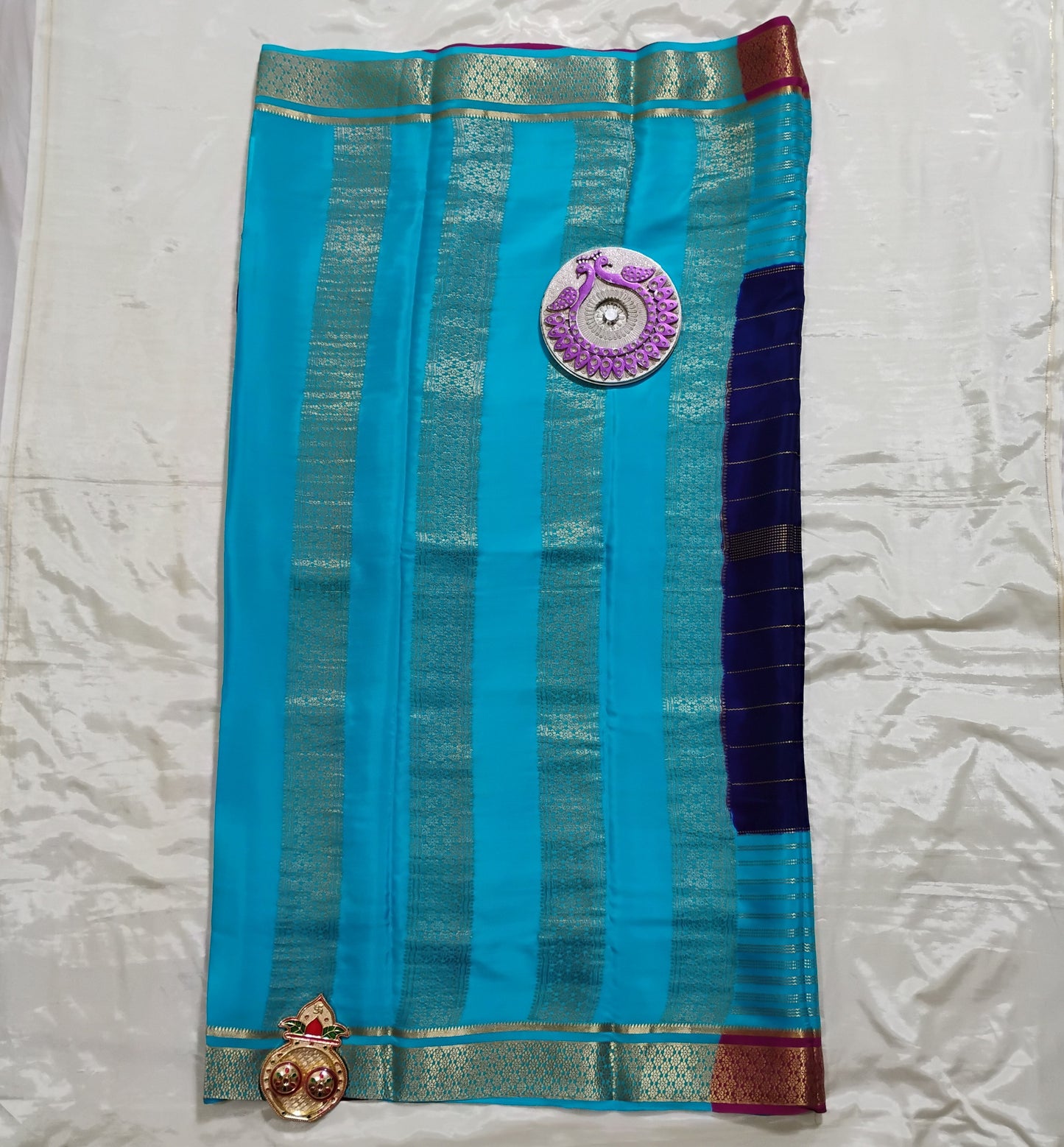 PureMysoreSilk Sky-Blue Navy-Blue dual tone Saree