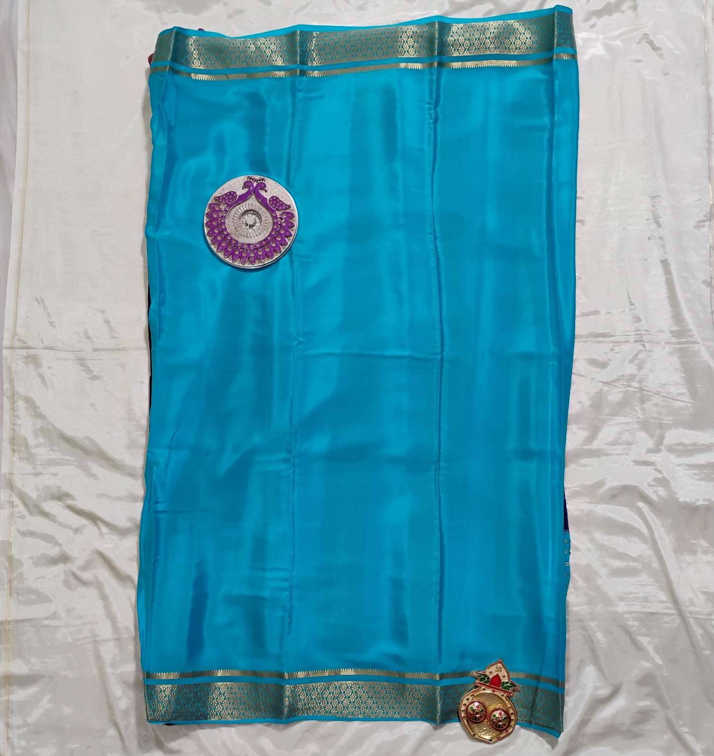 PureMysoreSilk Sky-Blue Navy-Blue dual tone Saree