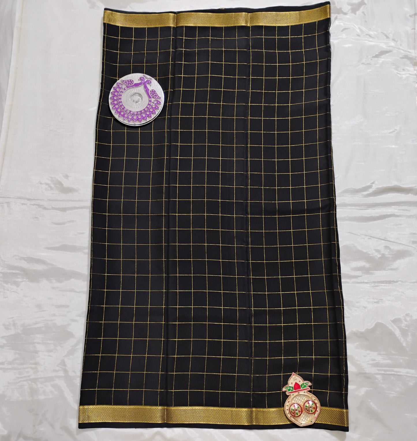 PureMysoreSilk Jet black with checkered design Saree